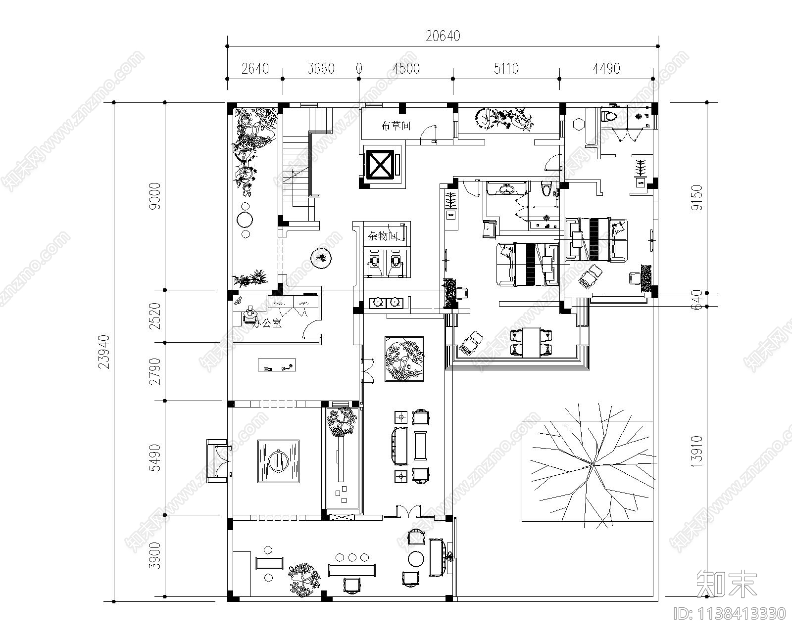 中式民宿一楼大厅平面图施工图下载【ID:1138413330】