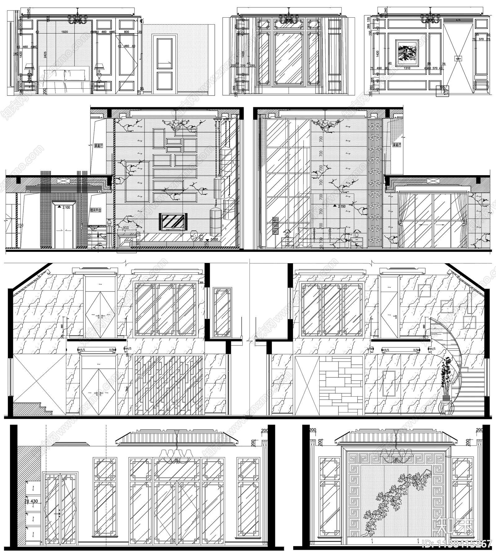 中式背景墙cad施工图下载【ID:1138415267】