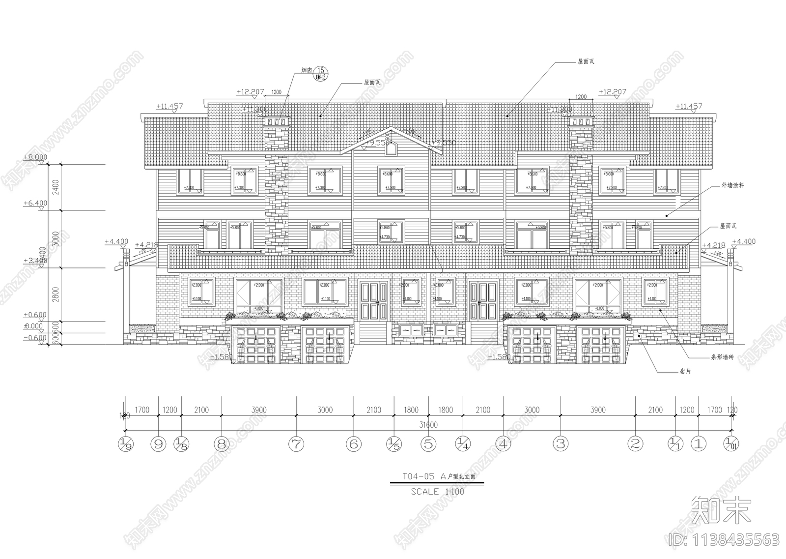 三层古典坡屋顶联排别墅建筑施工图下载【ID:1138435563】