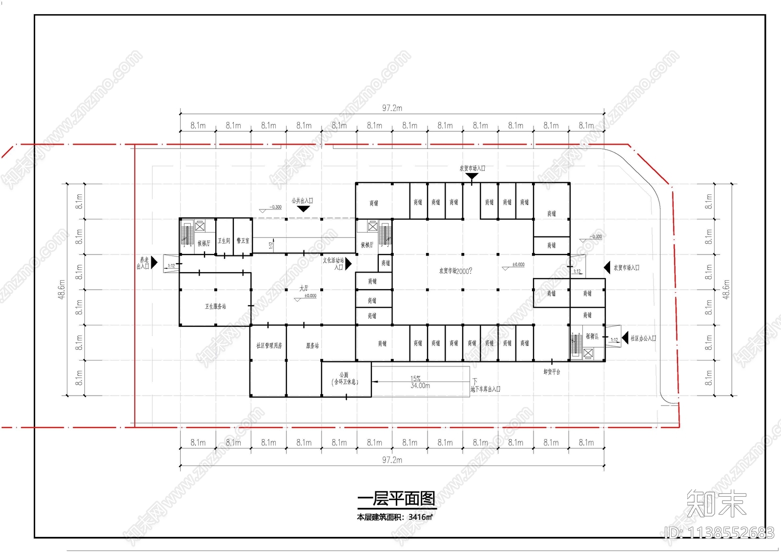 经典社区服务中心平面图cad施工图下载【ID:1138552683】