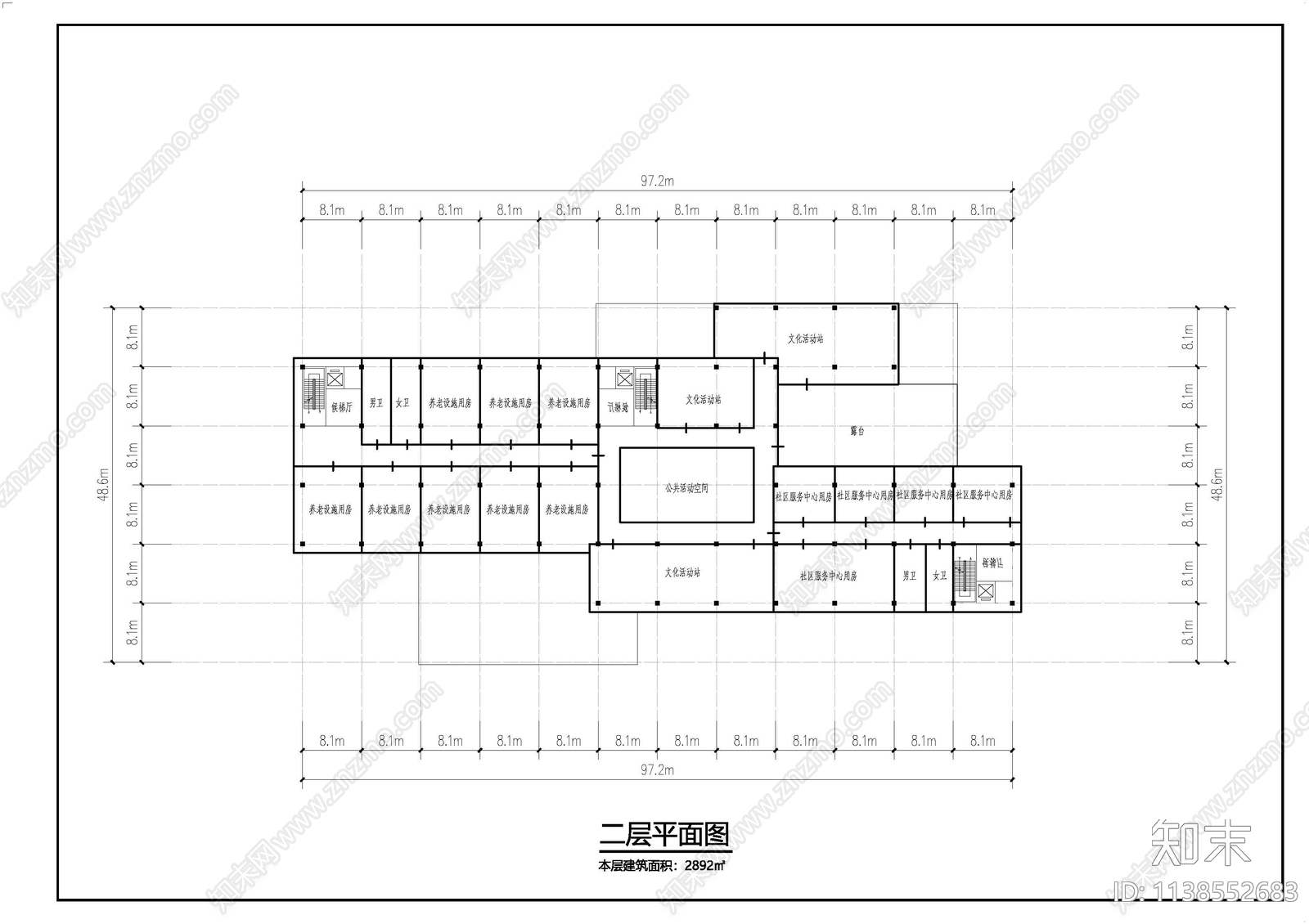 经典社区服务中心平面图cad施工图下载【ID:1138552683】