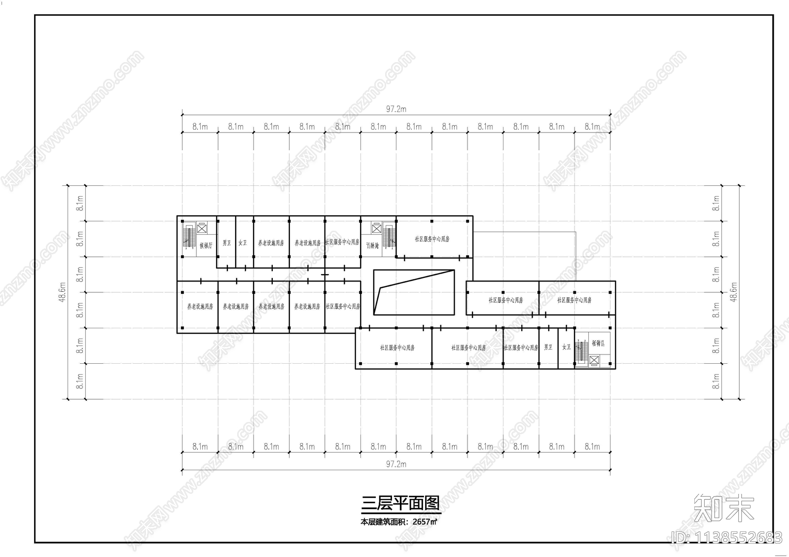经典社区服务中心平面图cad施工图下载【ID:1138552683】