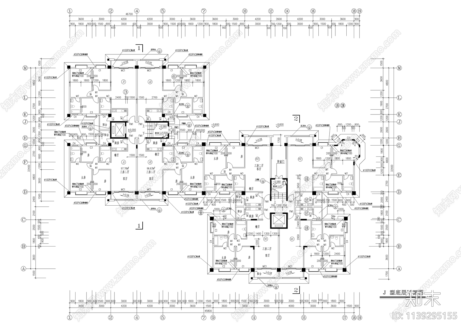 十二层一梯四户小高层建筑cad施工图下载【ID:1139295155】