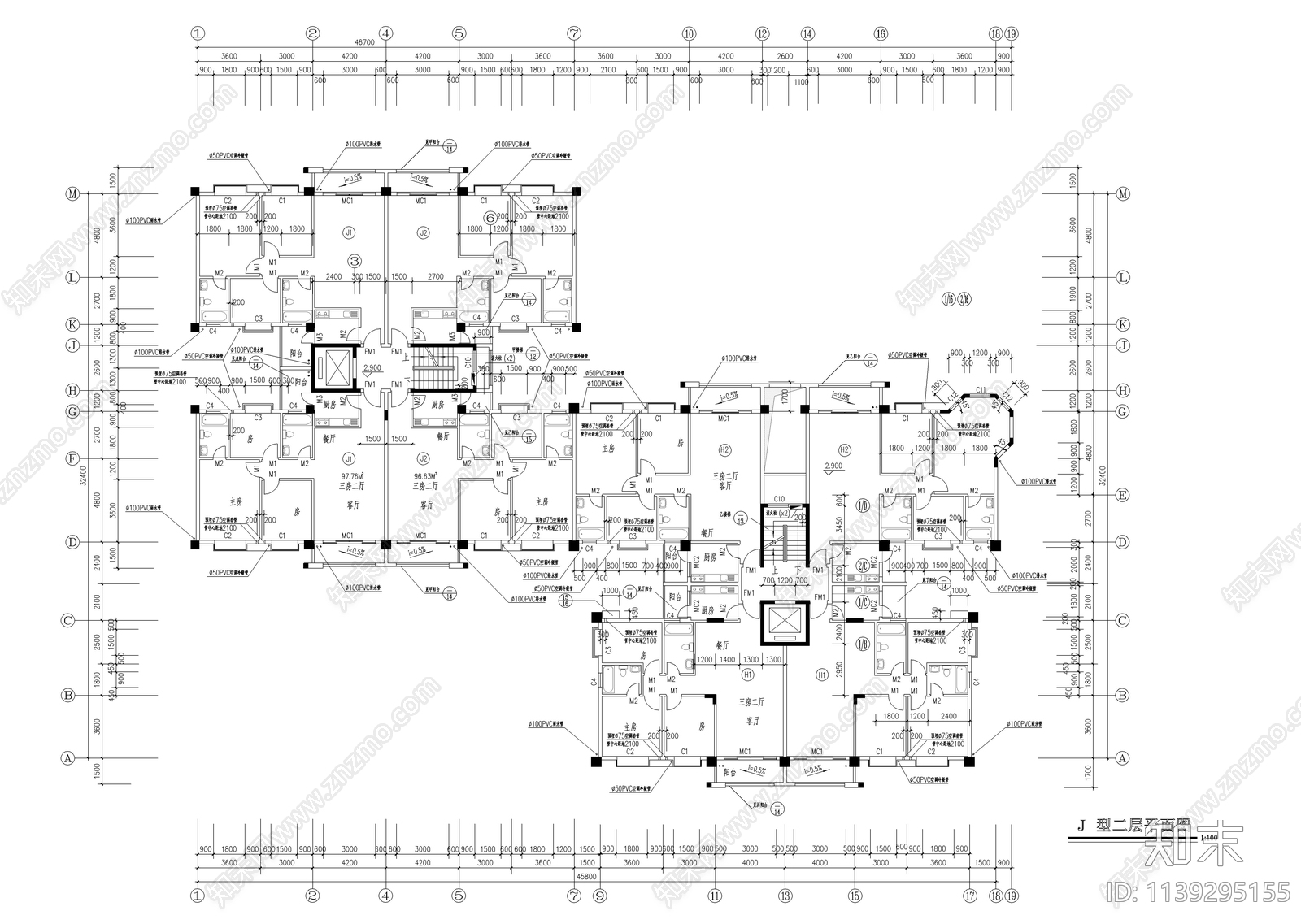 十二层一梯四户小高层建筑cad施工图下载【ID:1139295155】