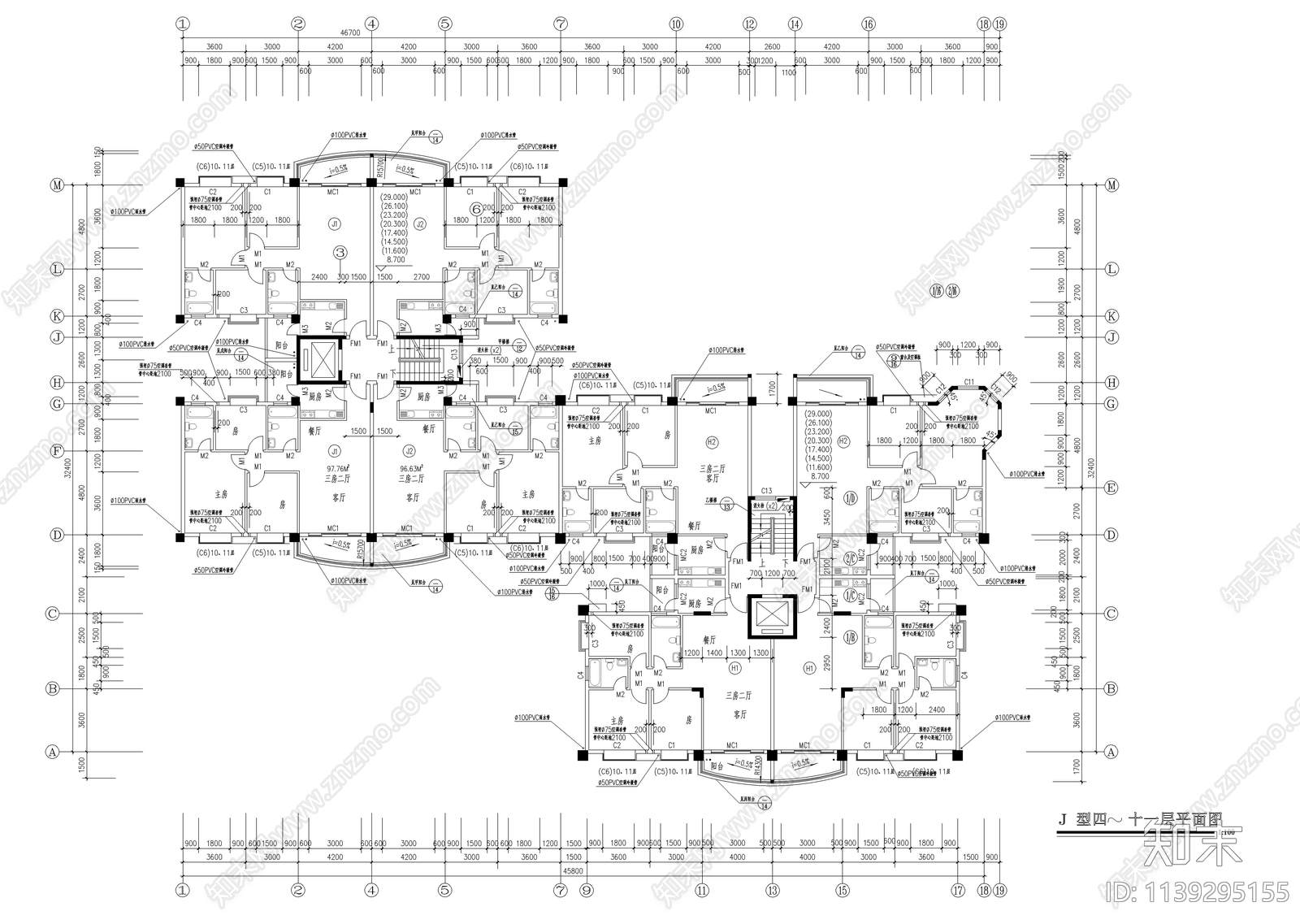 十二层一梯四户小高层建筑cad施工图下载【ID:1139295155】