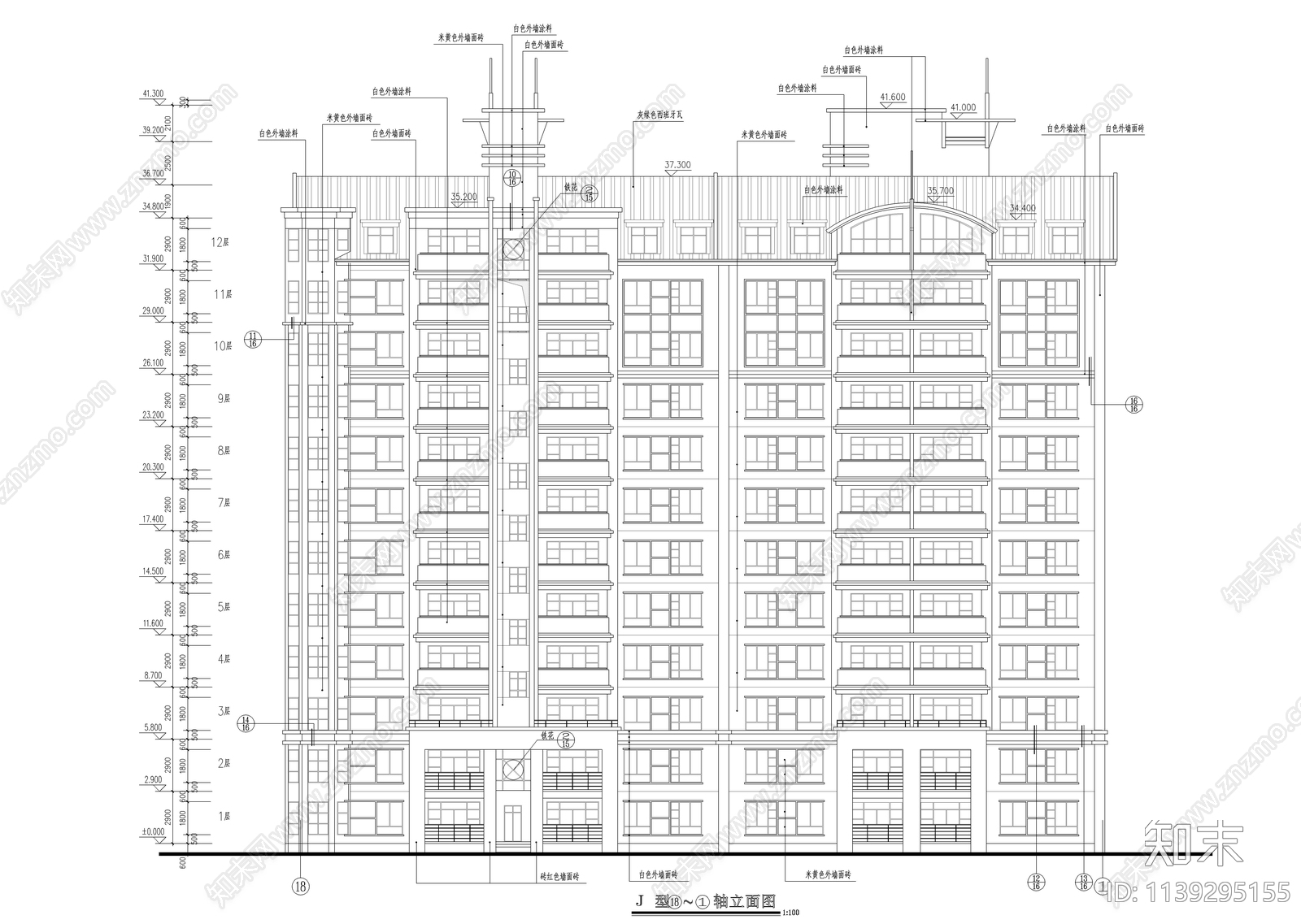 十二层一梯四户小高层建筑cad施工图下载【ID:1139295155】