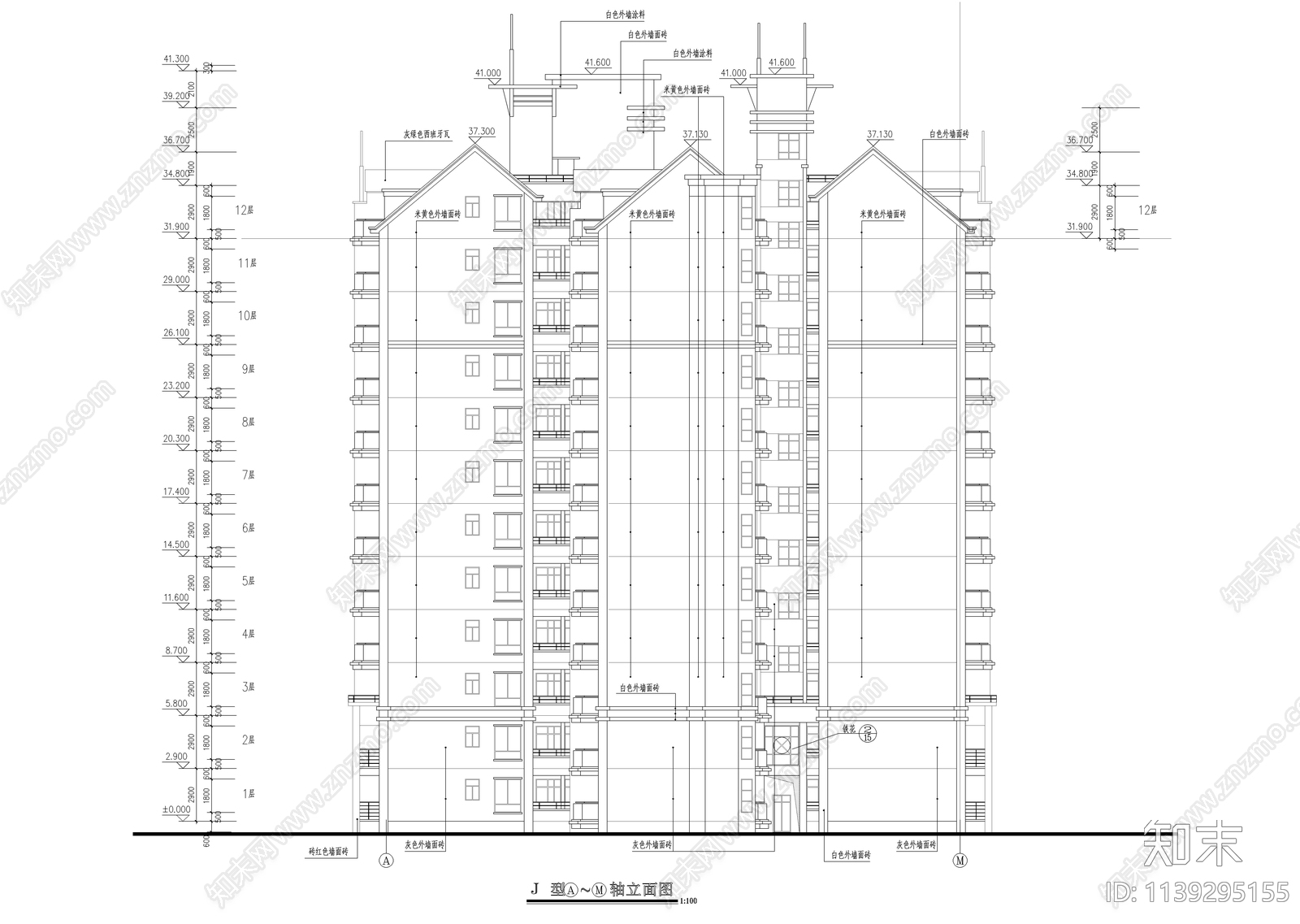 十二层一梯四户小高层建筑cad施工图下载【ID:1139295155】