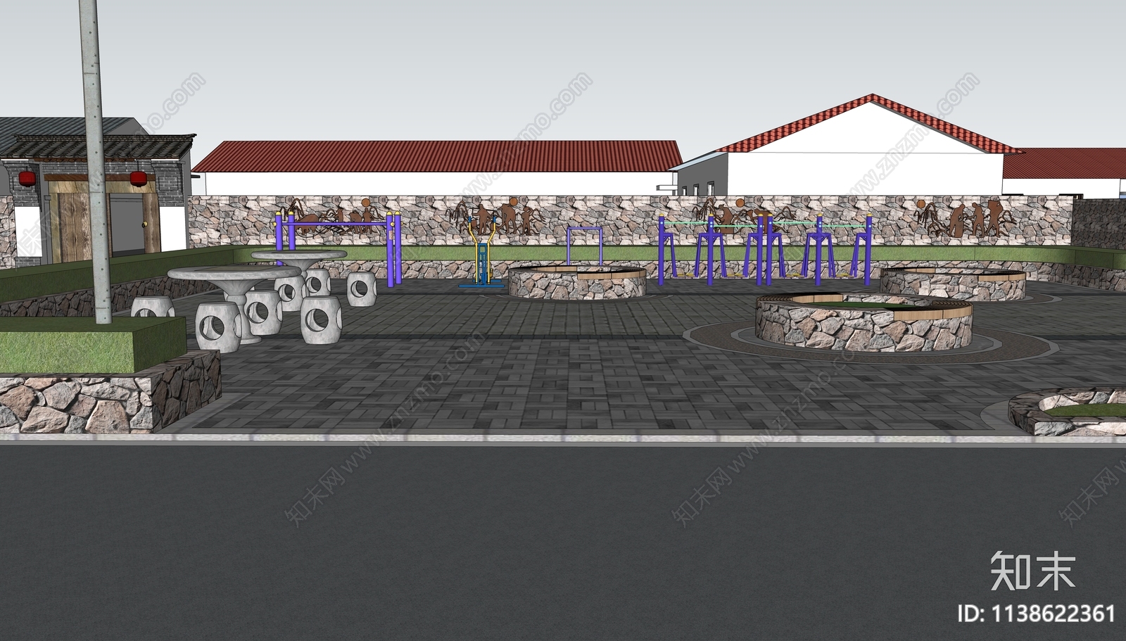 现代乡村休闲广场SU模型下载【ID:1138622361】
