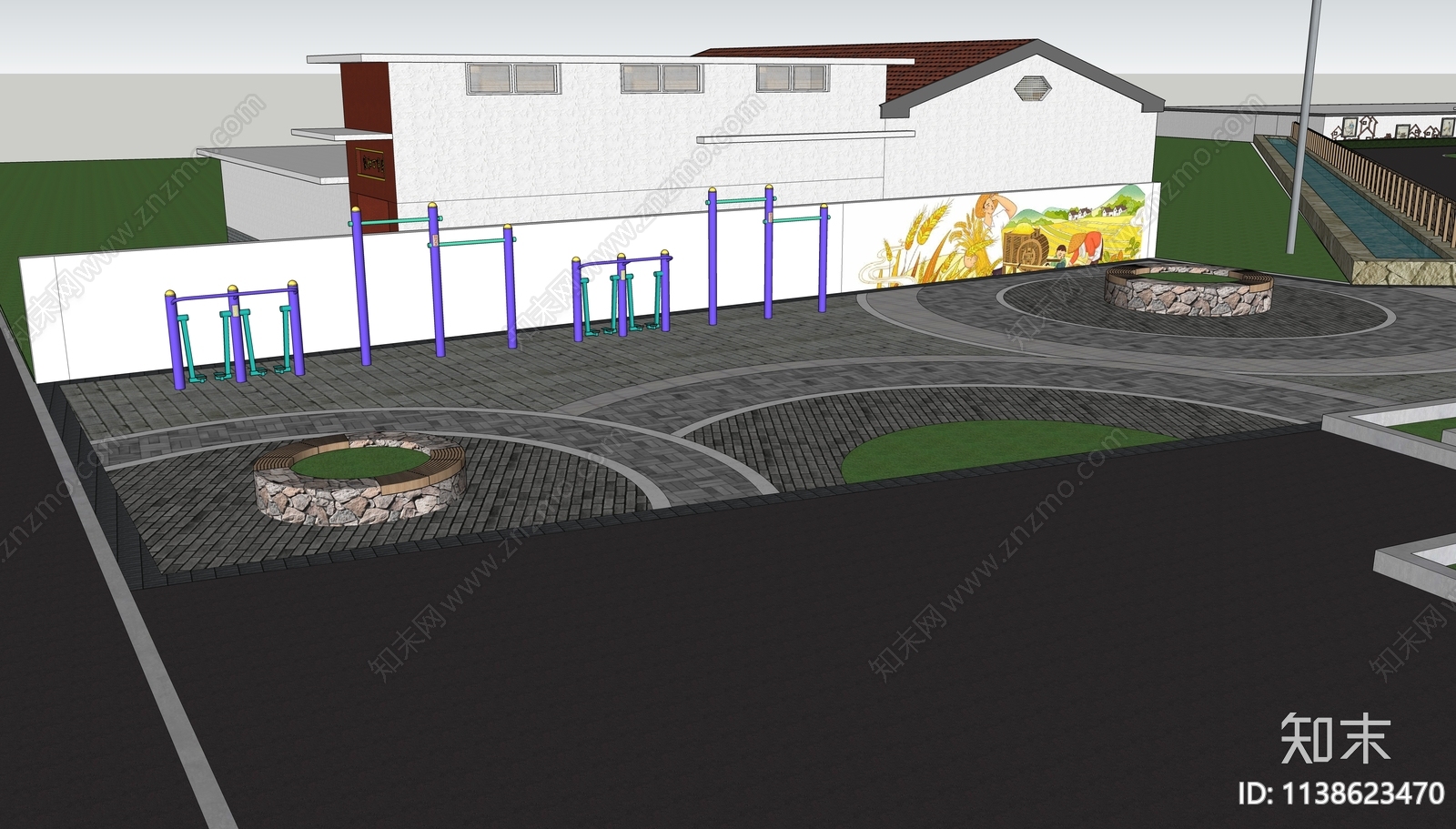 现代乡村休闲广场景观SU模型下载【ID:1138623470】