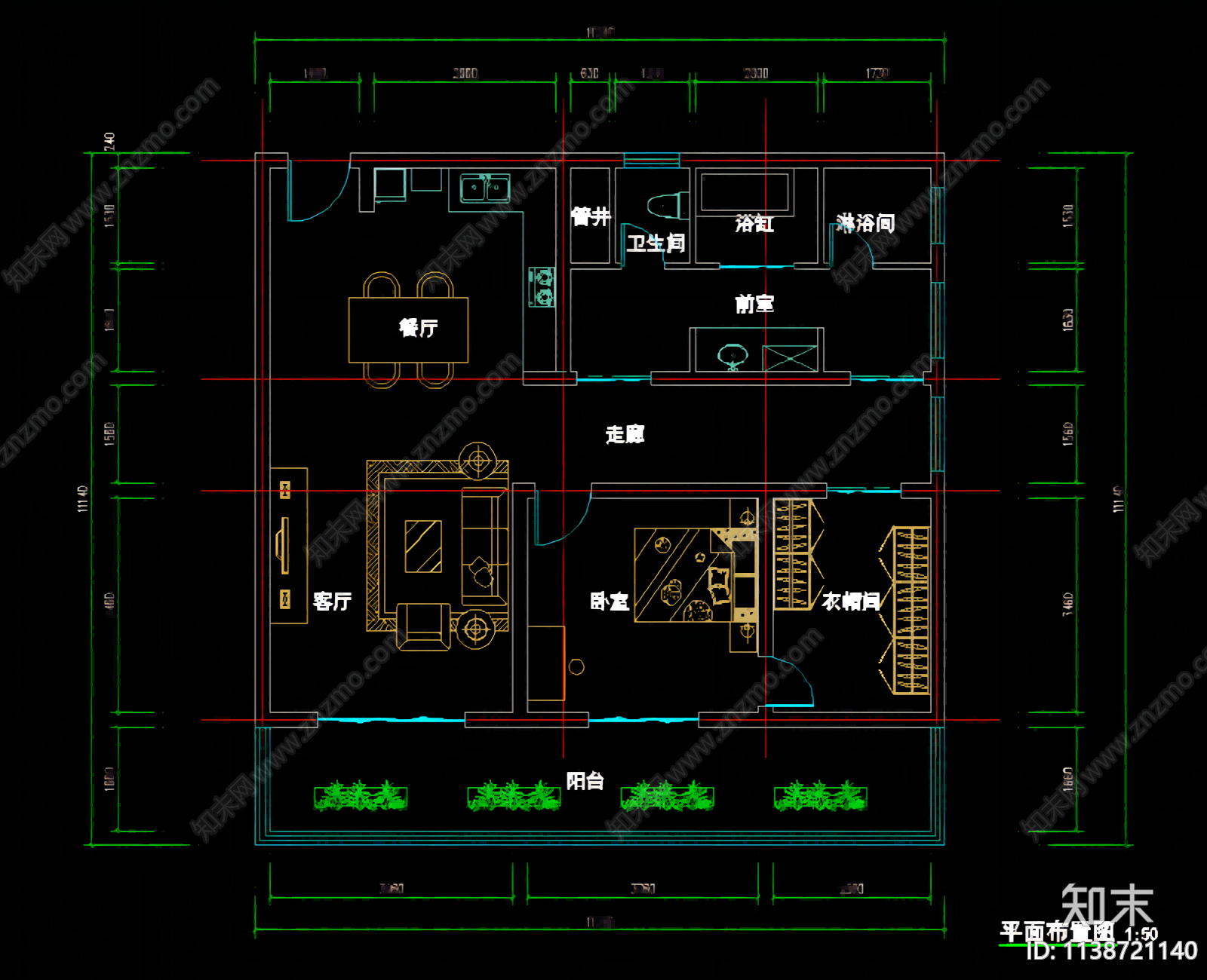 120平方米单身公寓cad施工图下载【ID:1138721140】