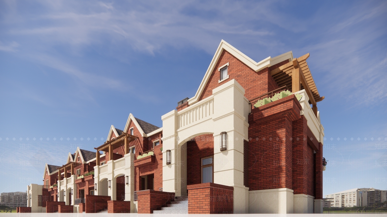 现代坡屋顶联排别墅SU模型下载【ID:1138626446】