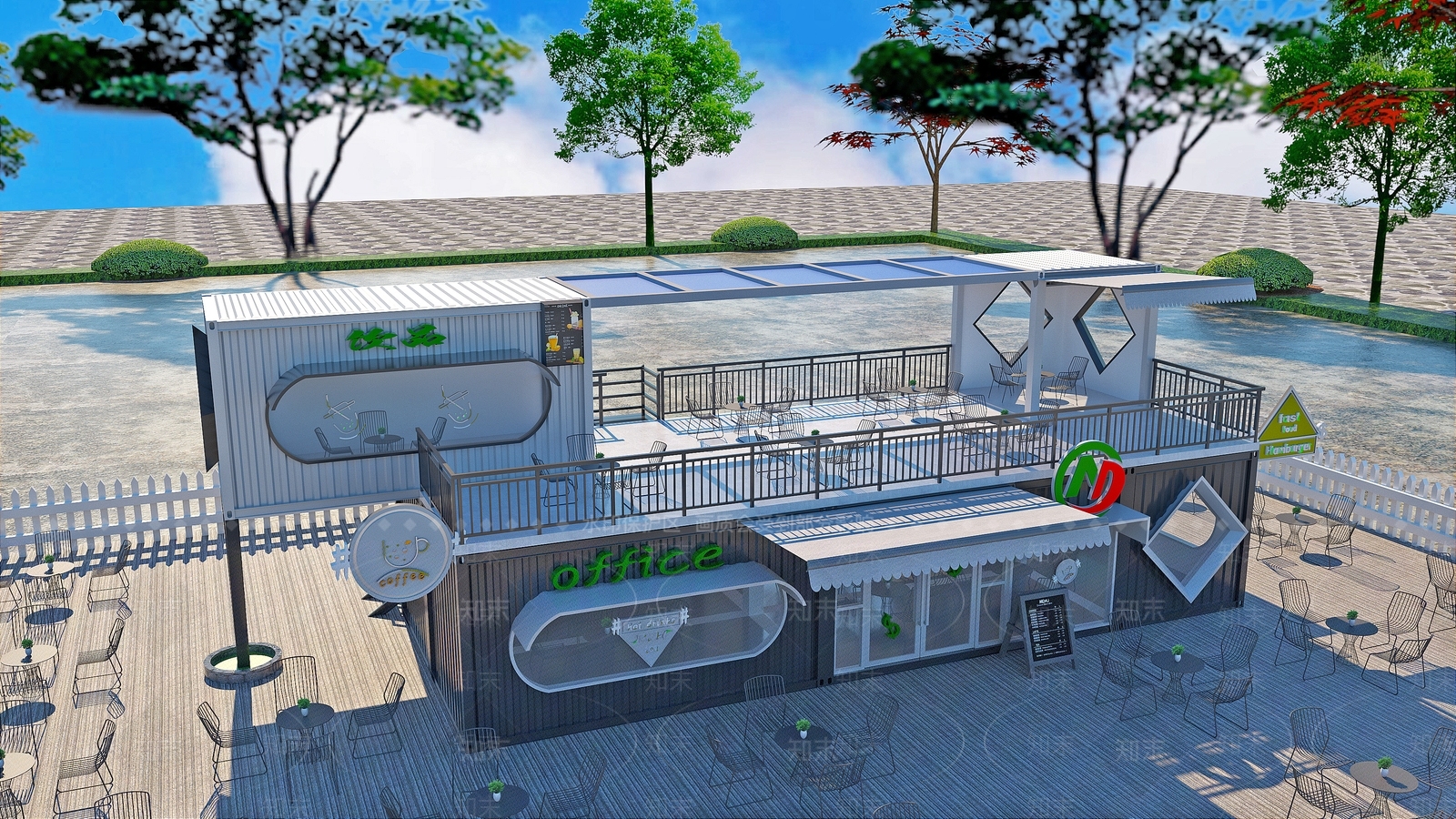 现代集装箱餐饮建筑SU模型下载【ID:1138636197】