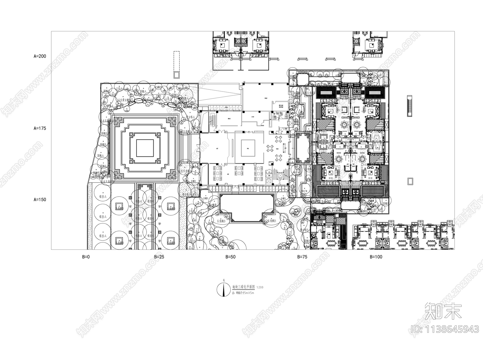 新中式示范区植物绿化景观平面图cad施工图下载【ID:1138645943】