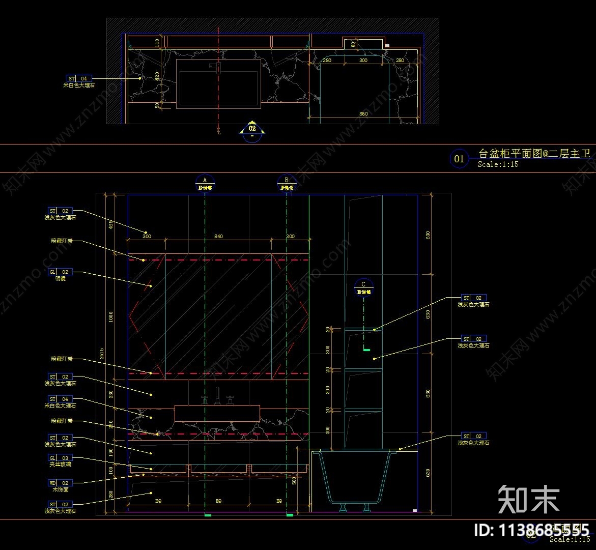 家居卫生间cad施工图下载【ID:1138685555】