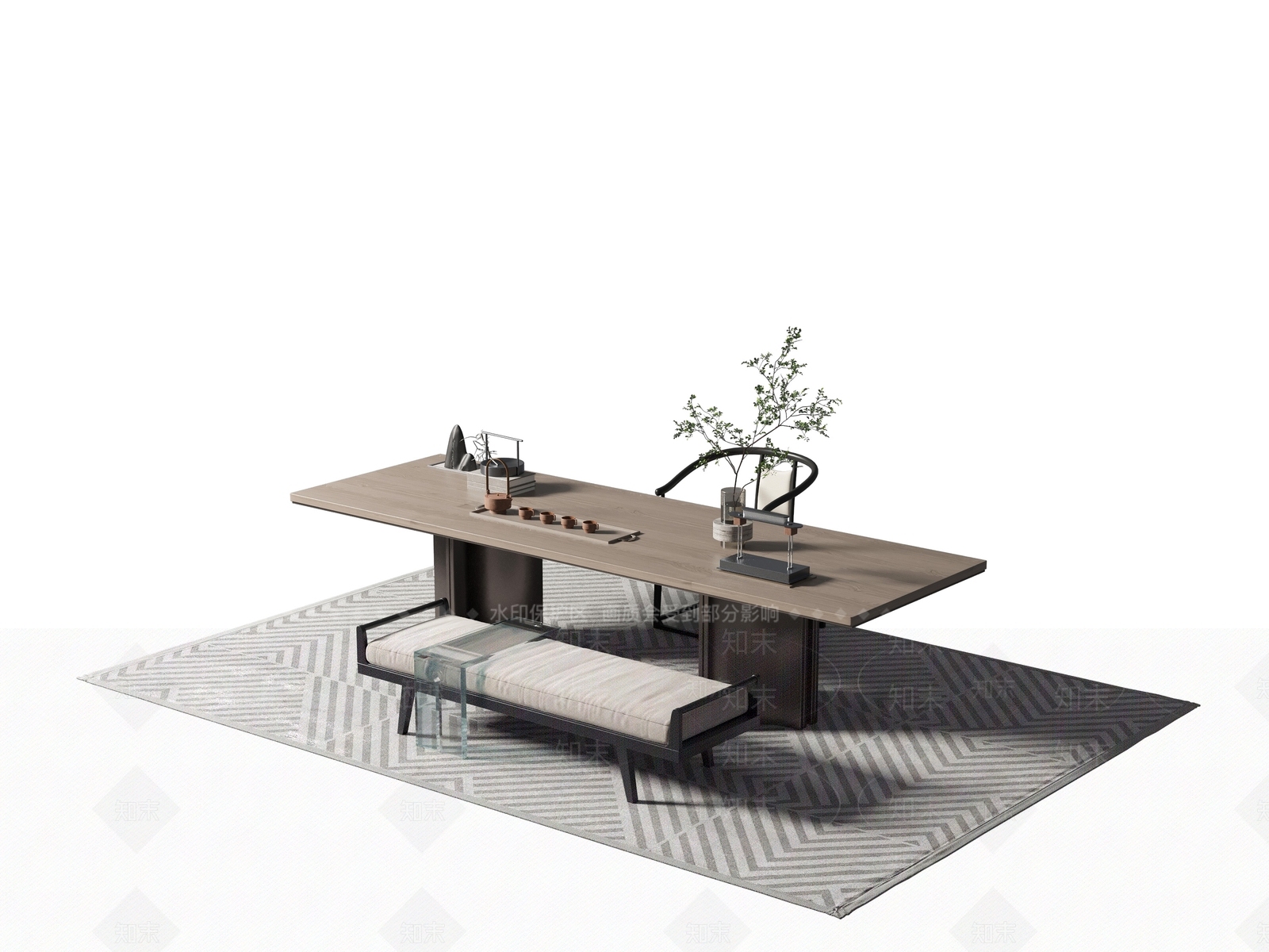 新中式茶桌椅组合3D模型下载【ID:1138700565】