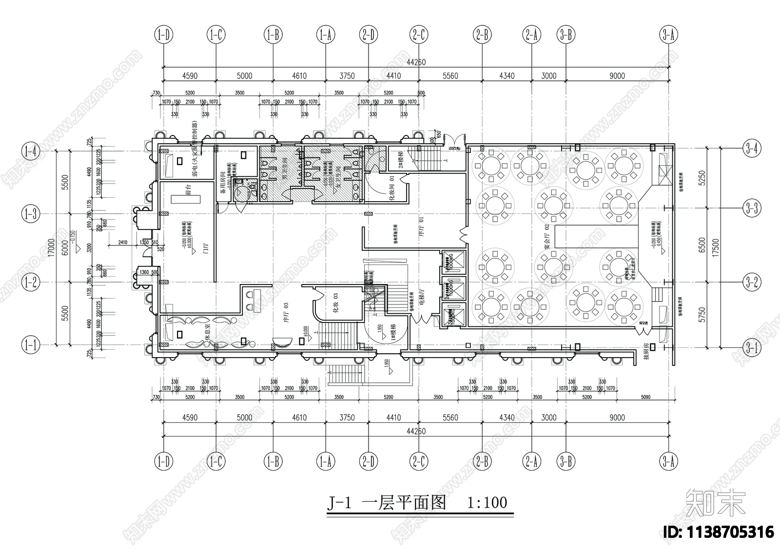 欧式宴会厅建筑施工图cad施工图下载【ID:1138705316】