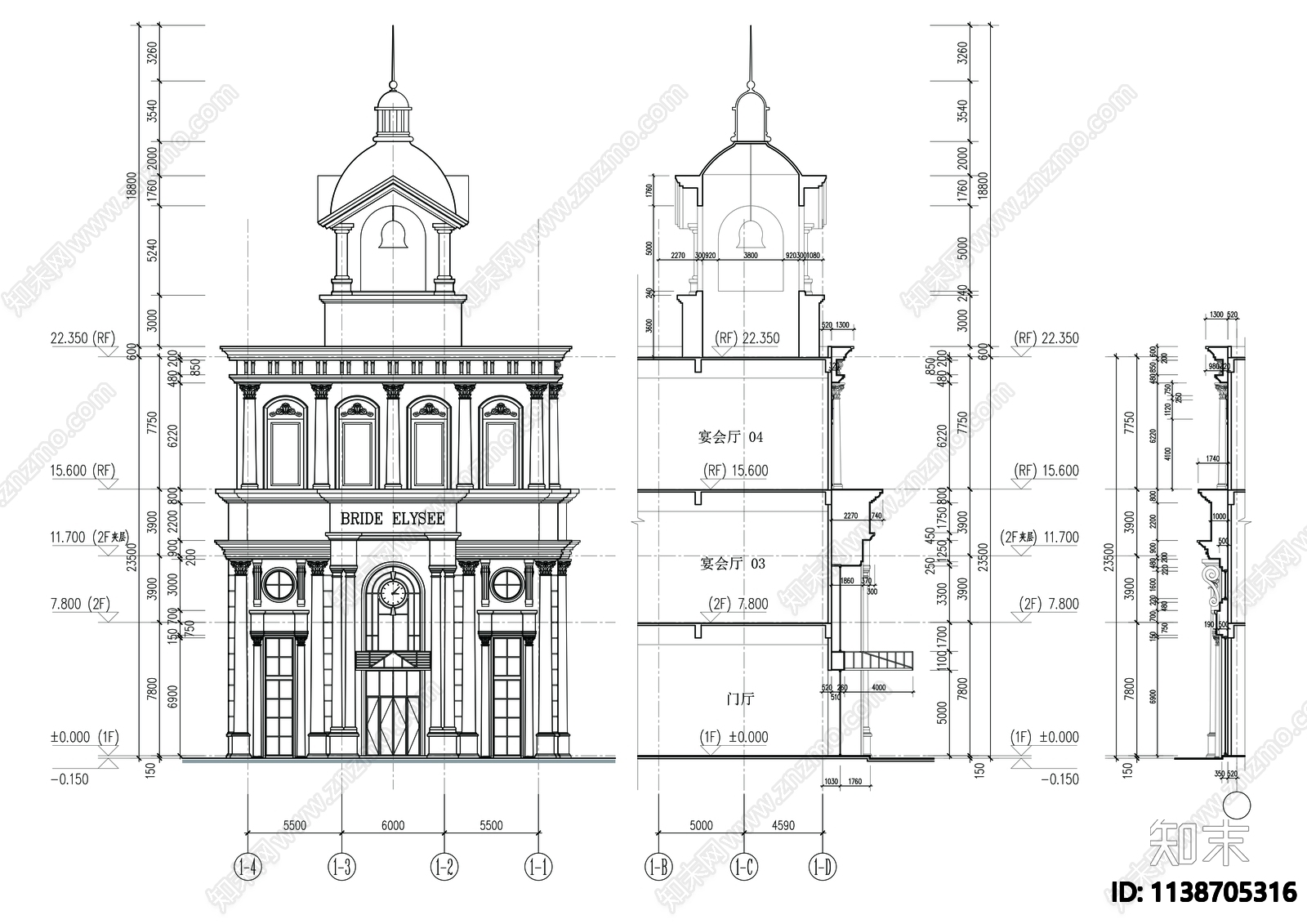 欧式宴会厅建筑施工图cad施工图下载【ID:1138705316】