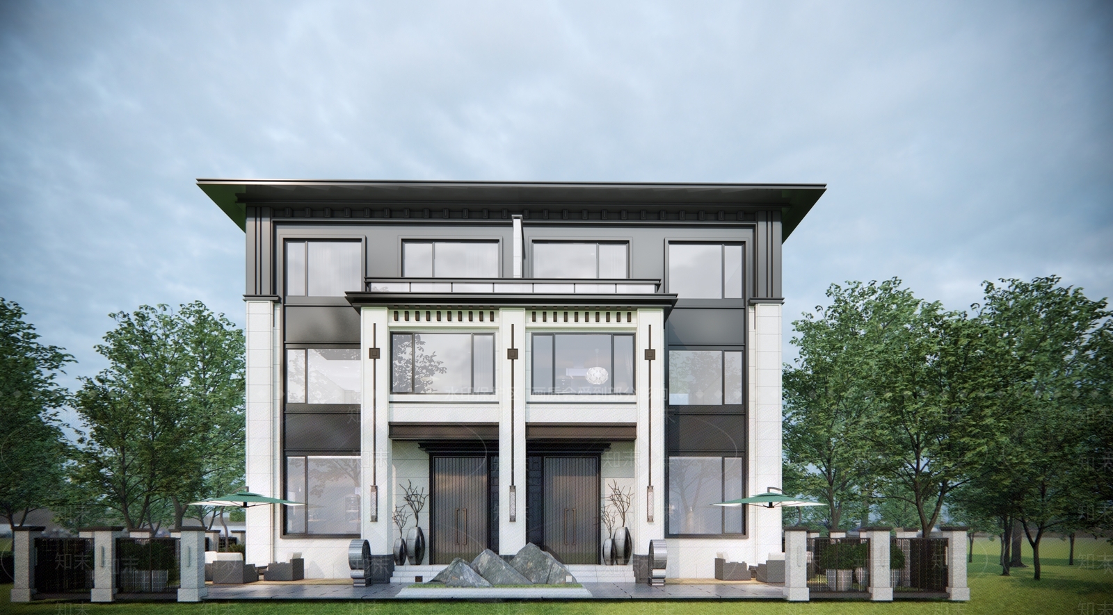 新中式农村自建房双拼别墅SU模型下载【ID:1138734506】