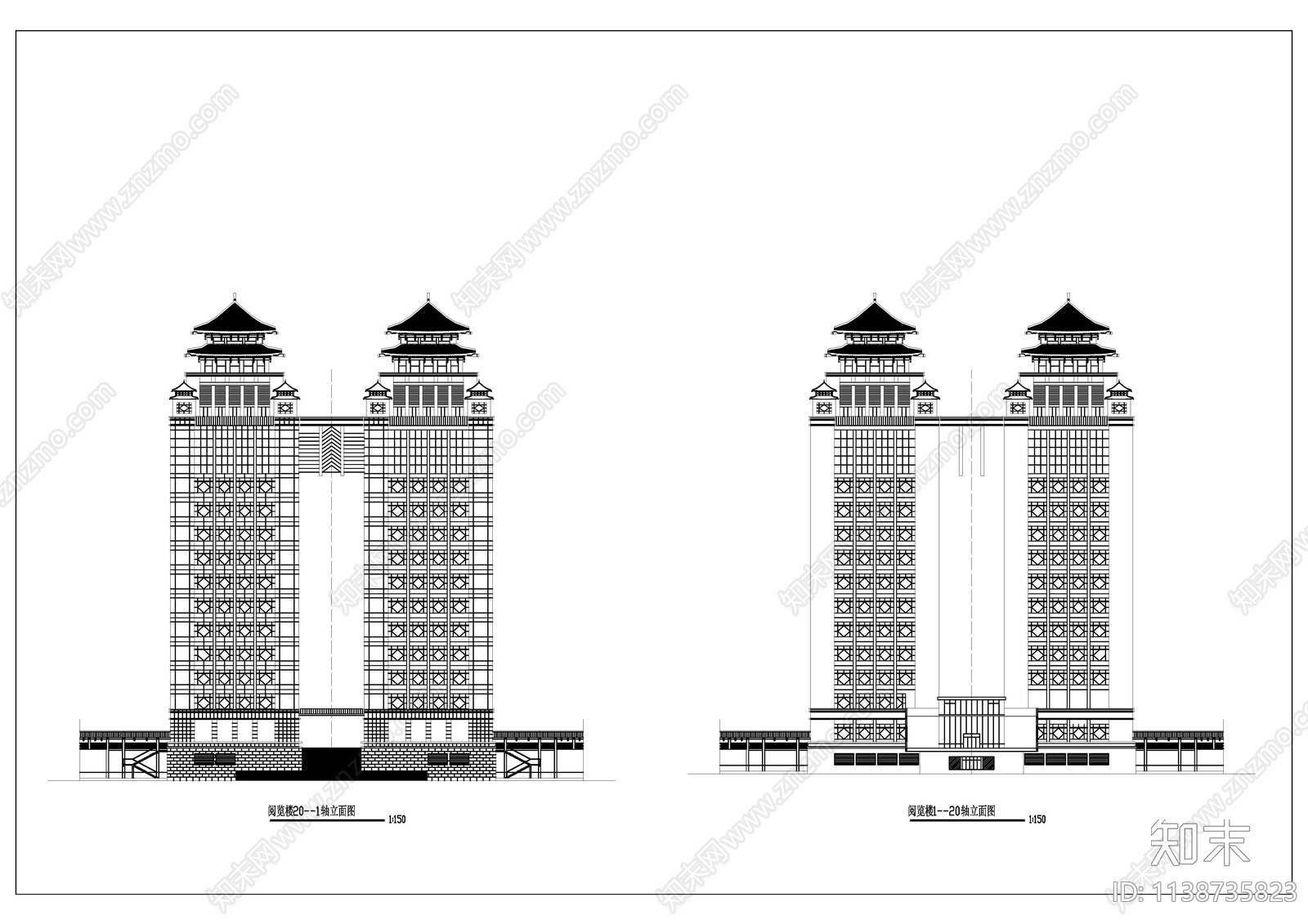 双子塔综合大楼建筑立面图cad施工图下载【ID:1138735823】