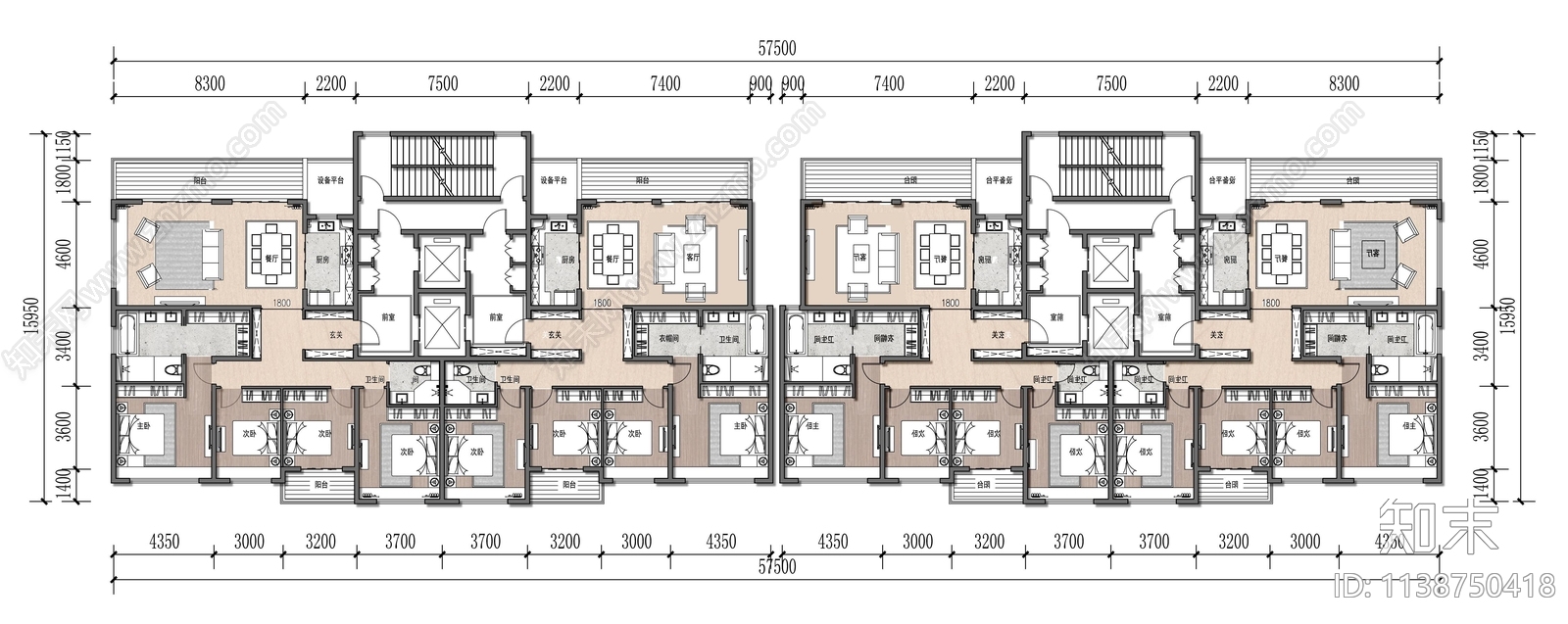 现代联排别墅建筑户型平面图施工图下载【ID:1138750418】