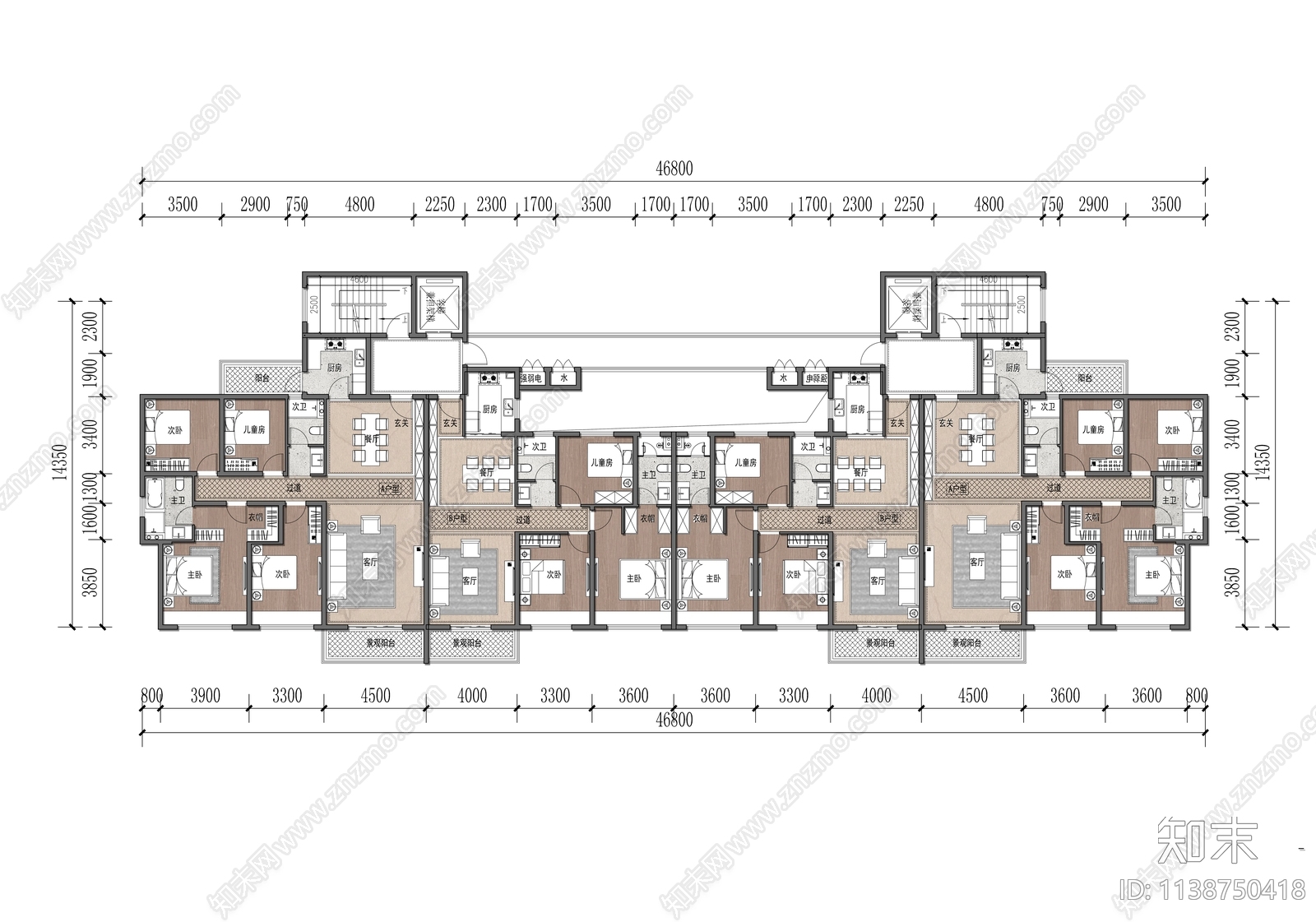 现代联排别墅建筑户型平面图施工图下载【ID:1138750418】