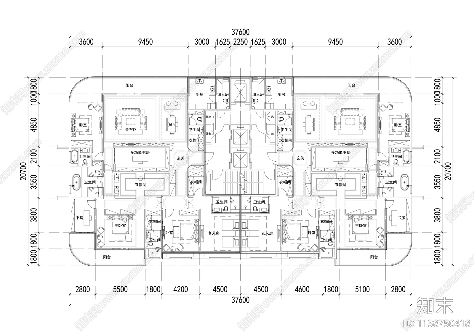 现代联排别墅建筑户型平面图施工图下载【ID:1138750418】