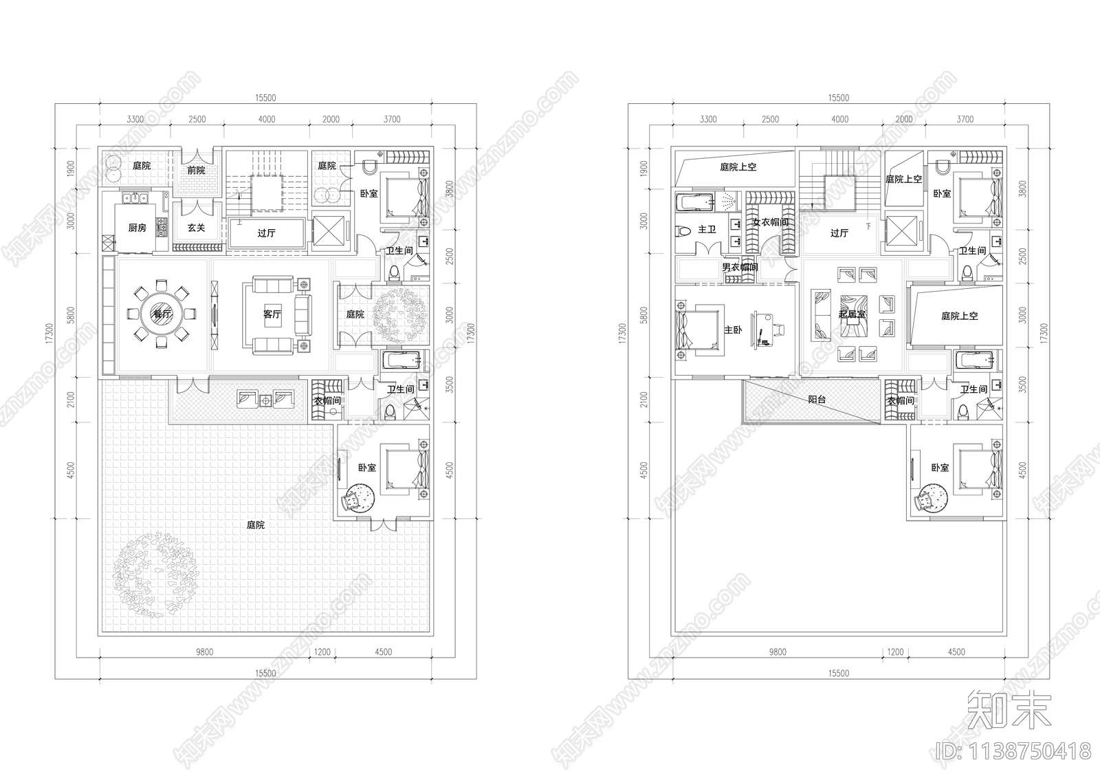 现代联排别墅建筑户型平面图施工图下载【ID:1138750418】