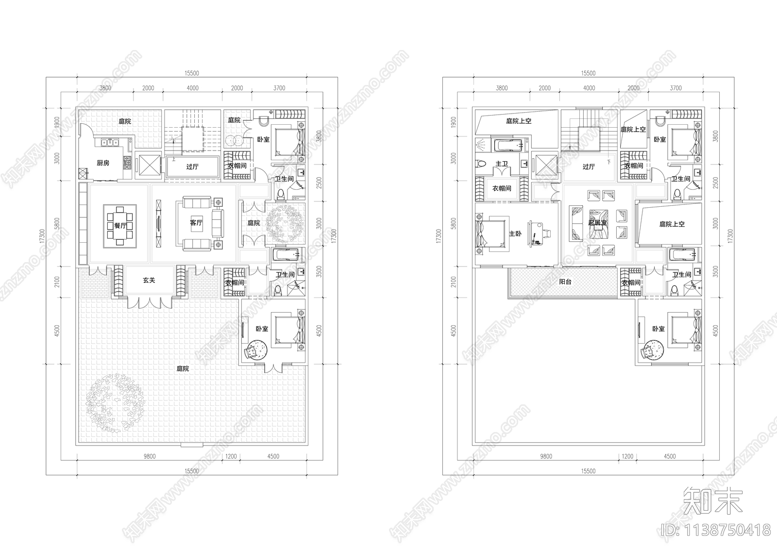 现代联排别墅建筑户型平面图施工图下载【ID:1138750418】