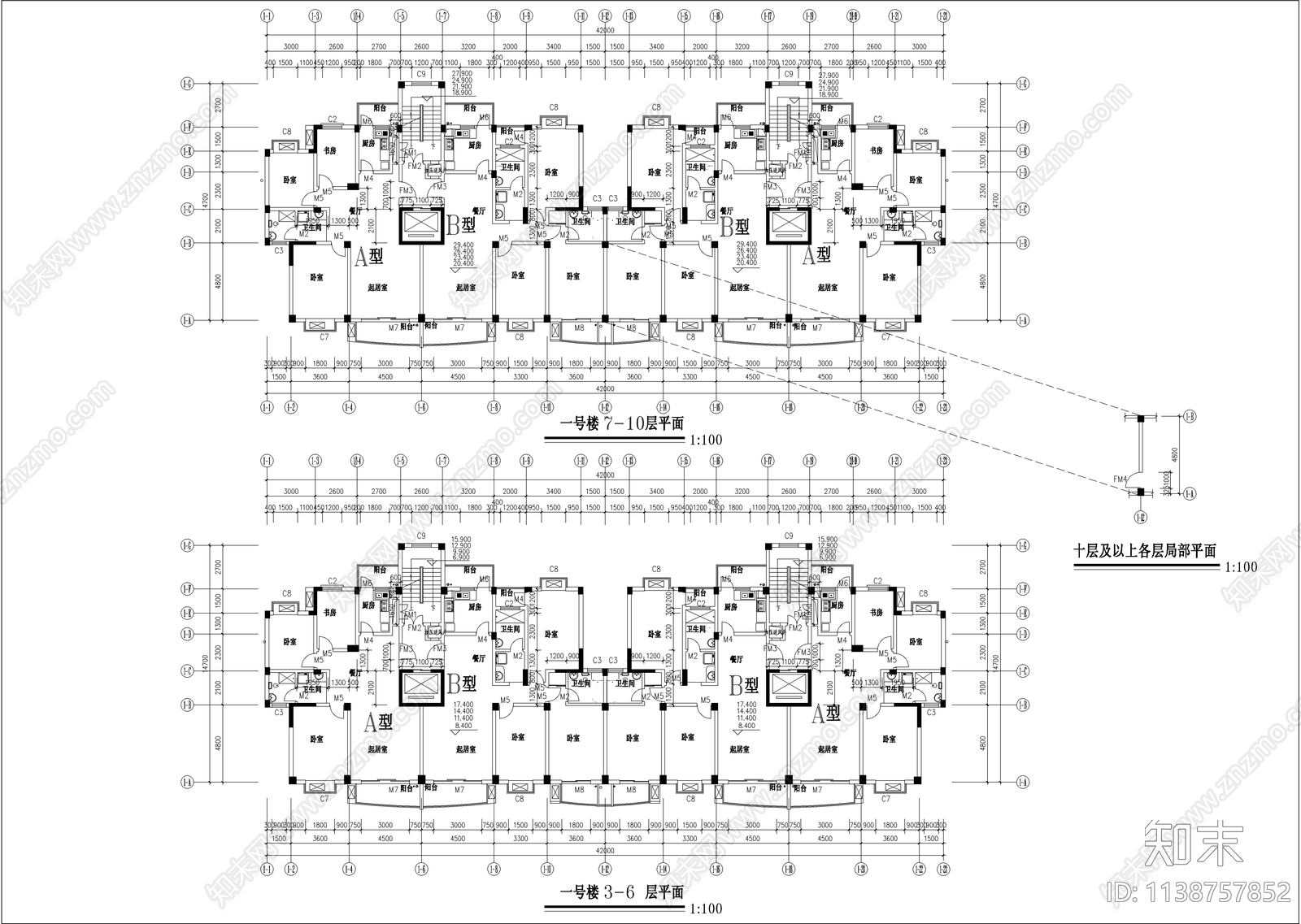 一梯两户小高层住宅建筑cad施工图下载【ID:1138757852】