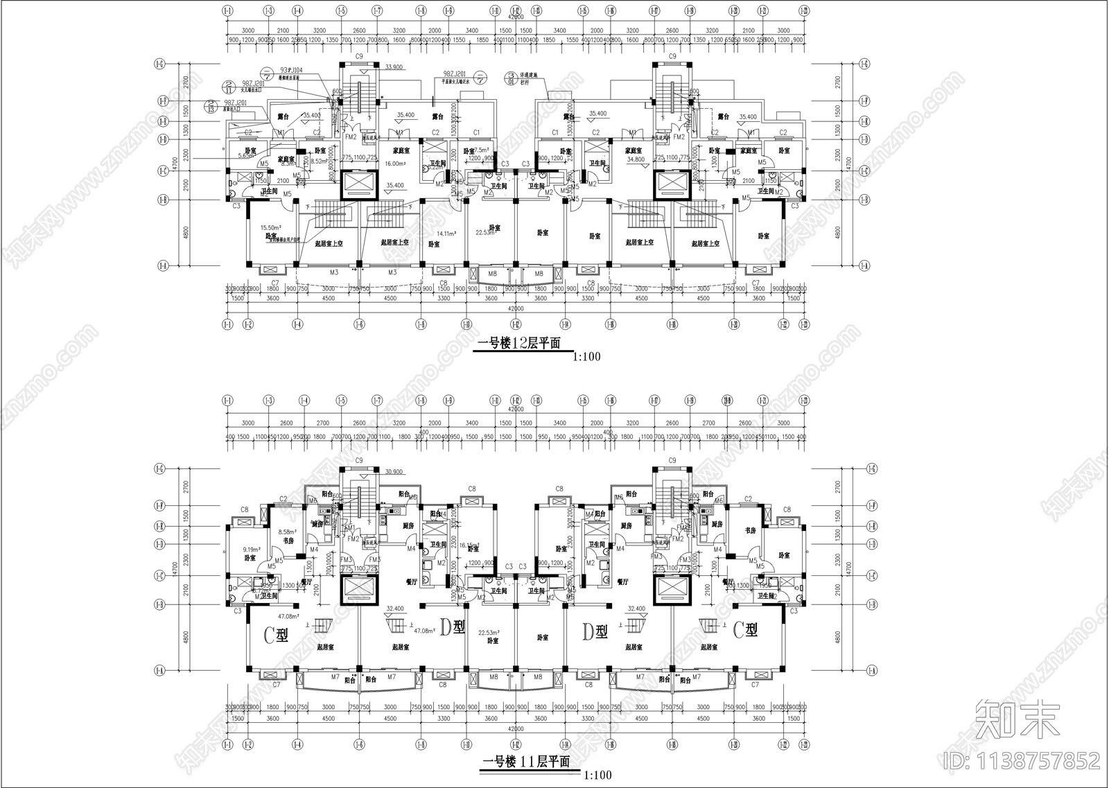 一梯两户小高层住宅建筑cad施工图下载【ID:1138757852】