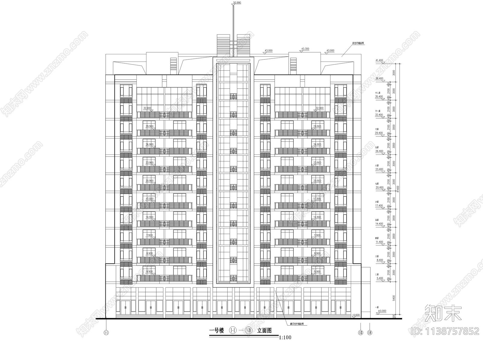 一梯两户小高层住宅建筑cad施工图下载【ID:1138757852】