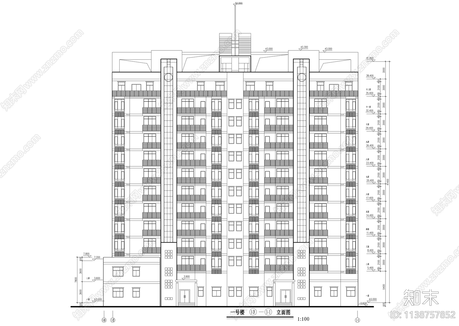 一梯两户小高层住宅建筑cad施工图下载【ID:1138757852】