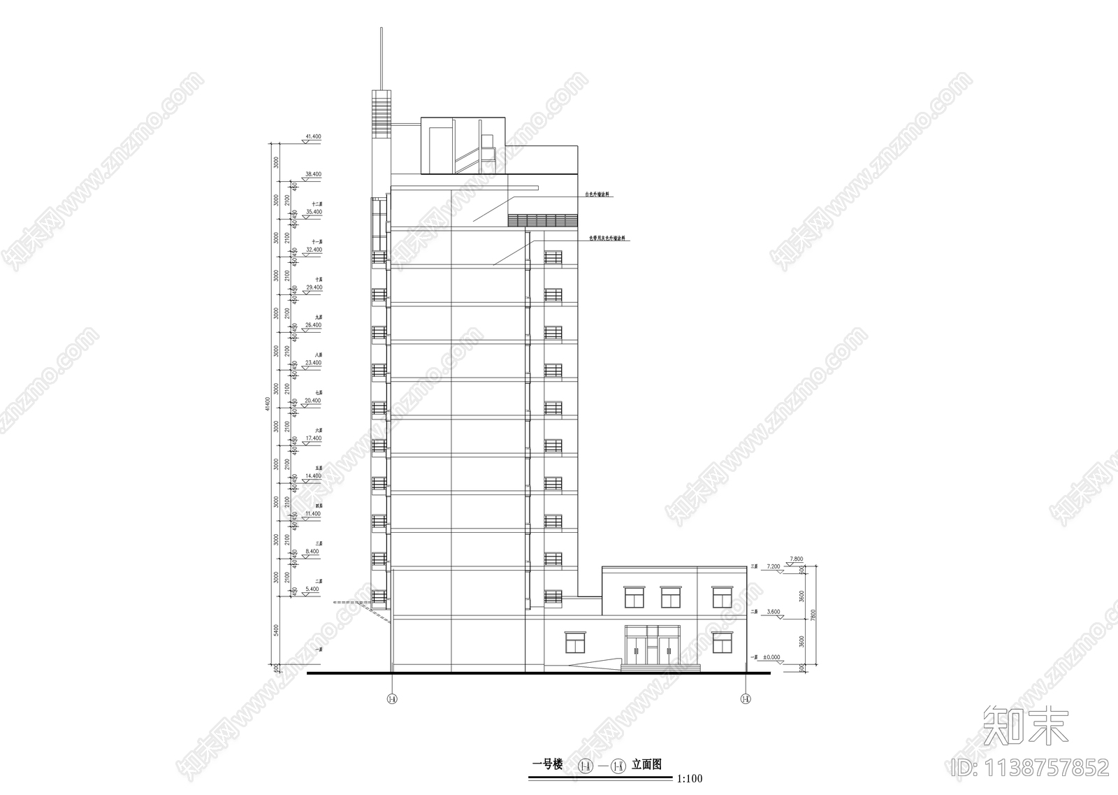 一梯两户小高层住宅建筑cad施工图下载【ID:1138757852】