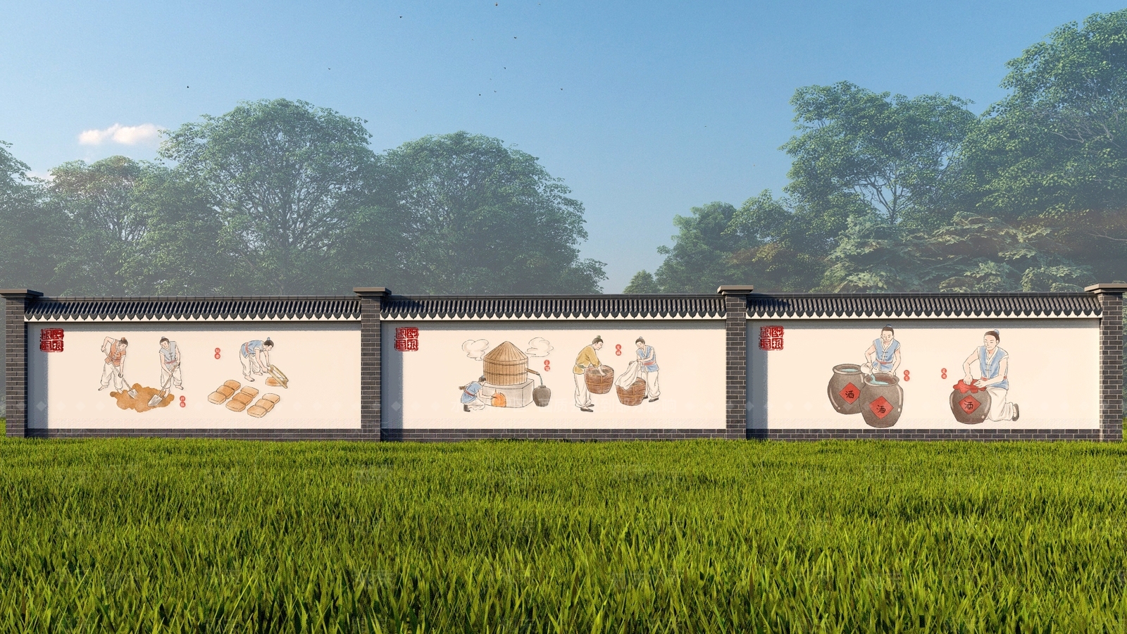 中式传统酿酒工艺手绘墙SU模型下载【ID:1138775379】