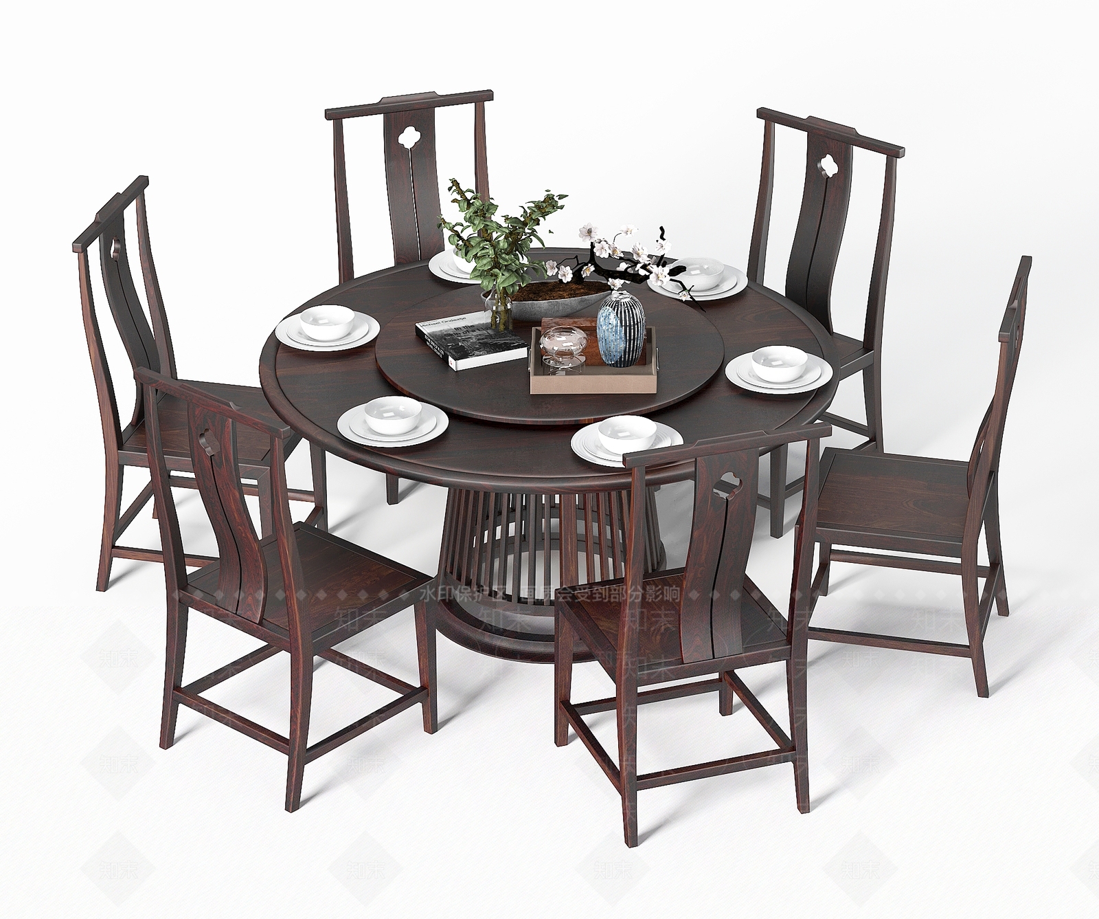 中式圆形餐桌椅组合3D模型下载【ID:1138779578】