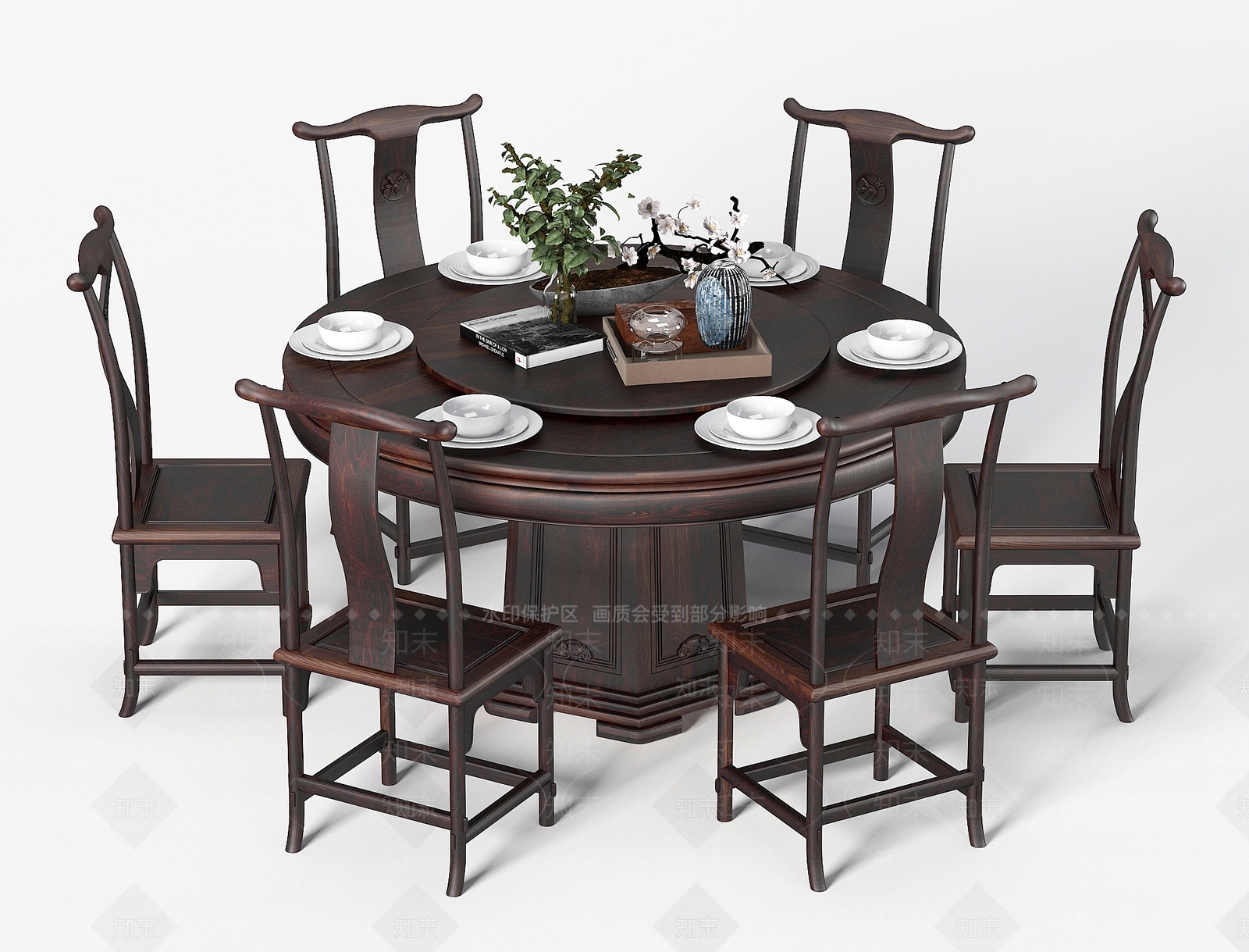 中式圆形餐桌椅组合3D模型下载【ID:1138779663】