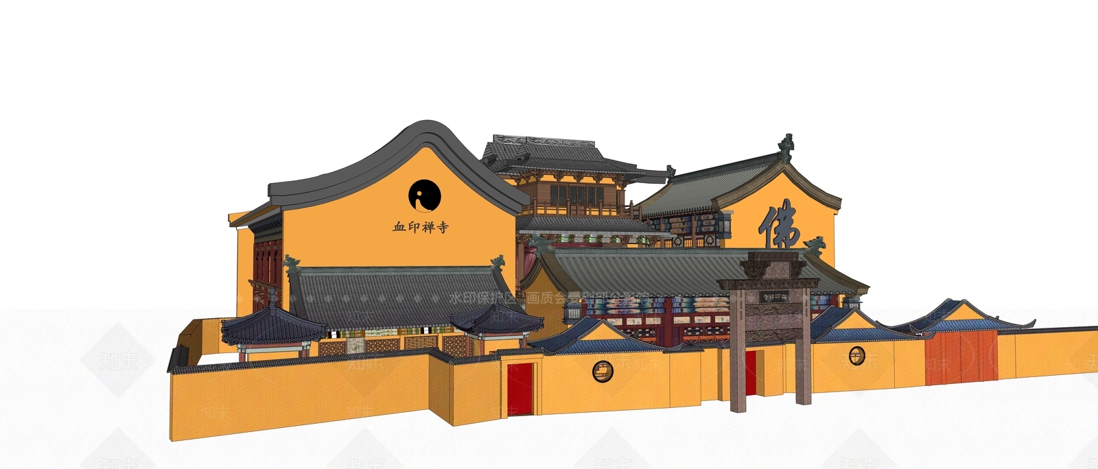 中式嘉兴杭州唐血印禅寺SU模型下载【ID:1138788556】