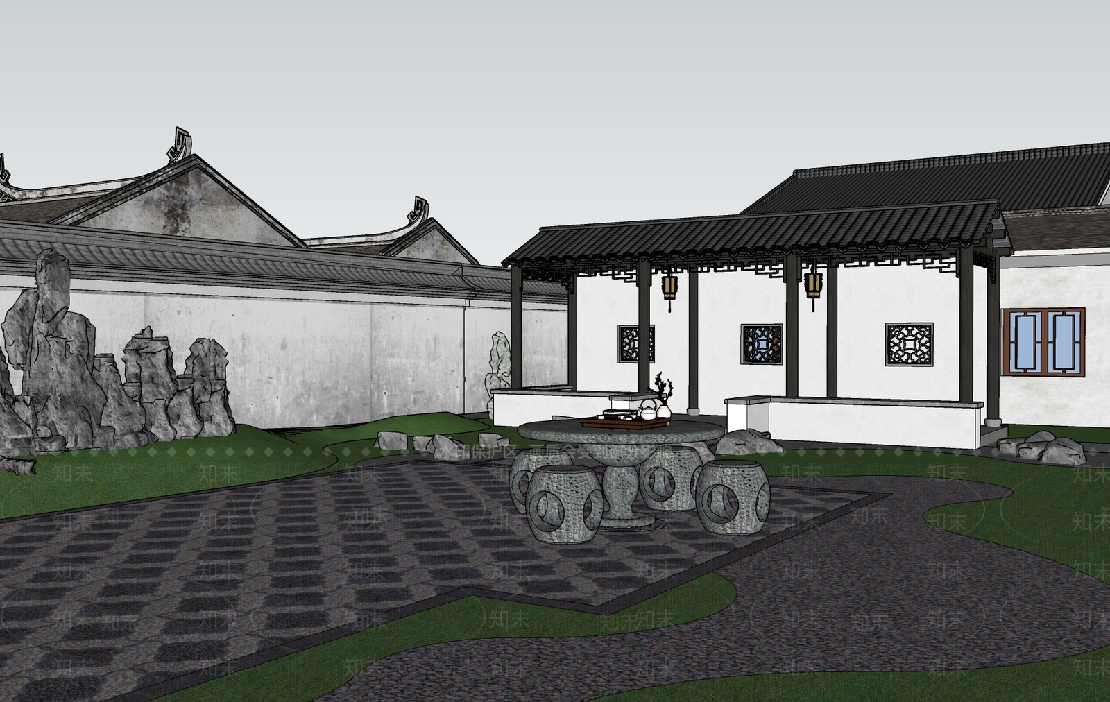 中式口袋公园SU模型下载【ID:1138790368】