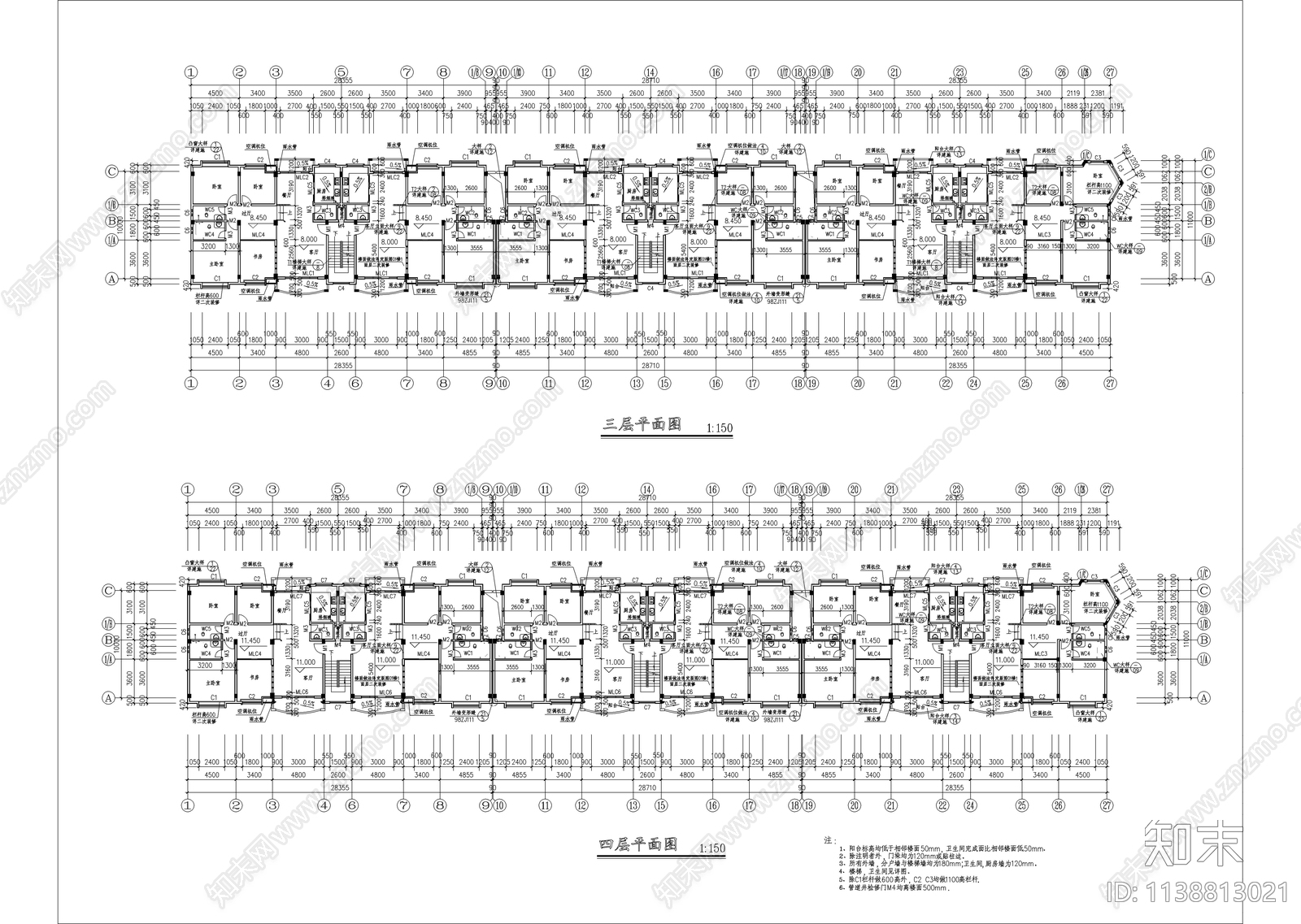 欧式坡屋顶四层住宅楼建筑cad施工图下载【ID:1138813021】