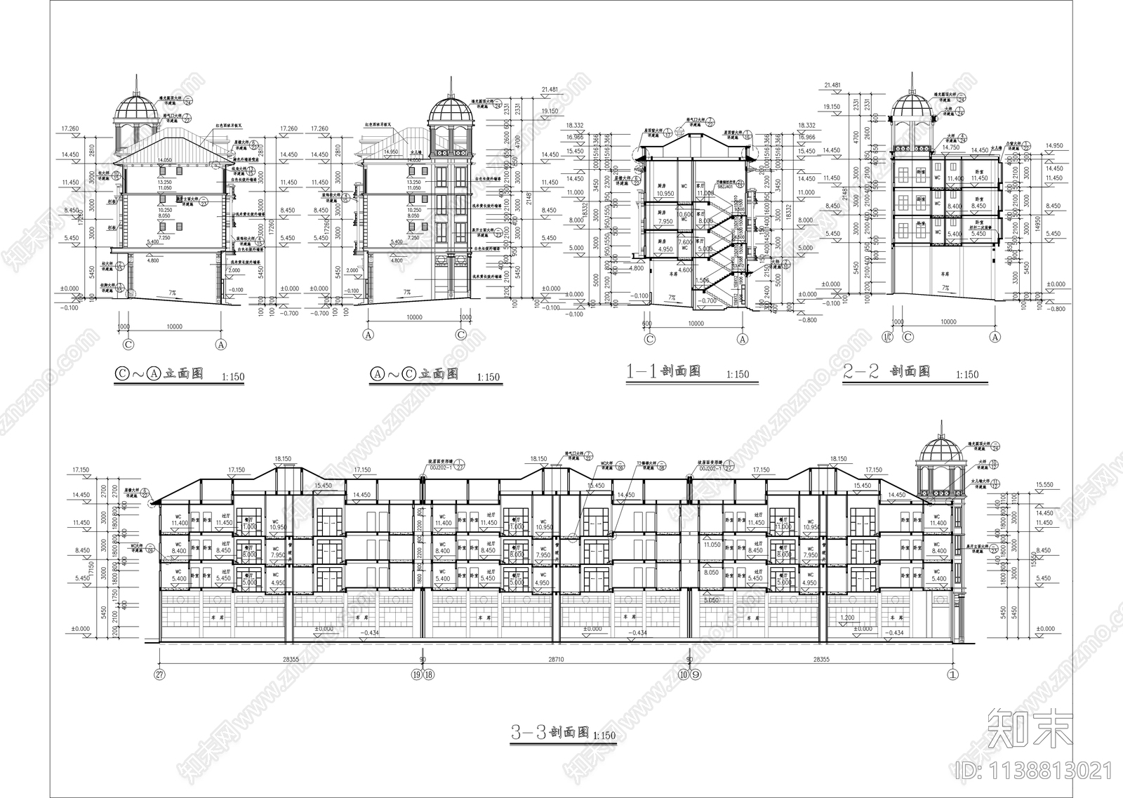 欧式坡屋顶四层住宅楼建筑cad施工图下载【ID:1138813021】