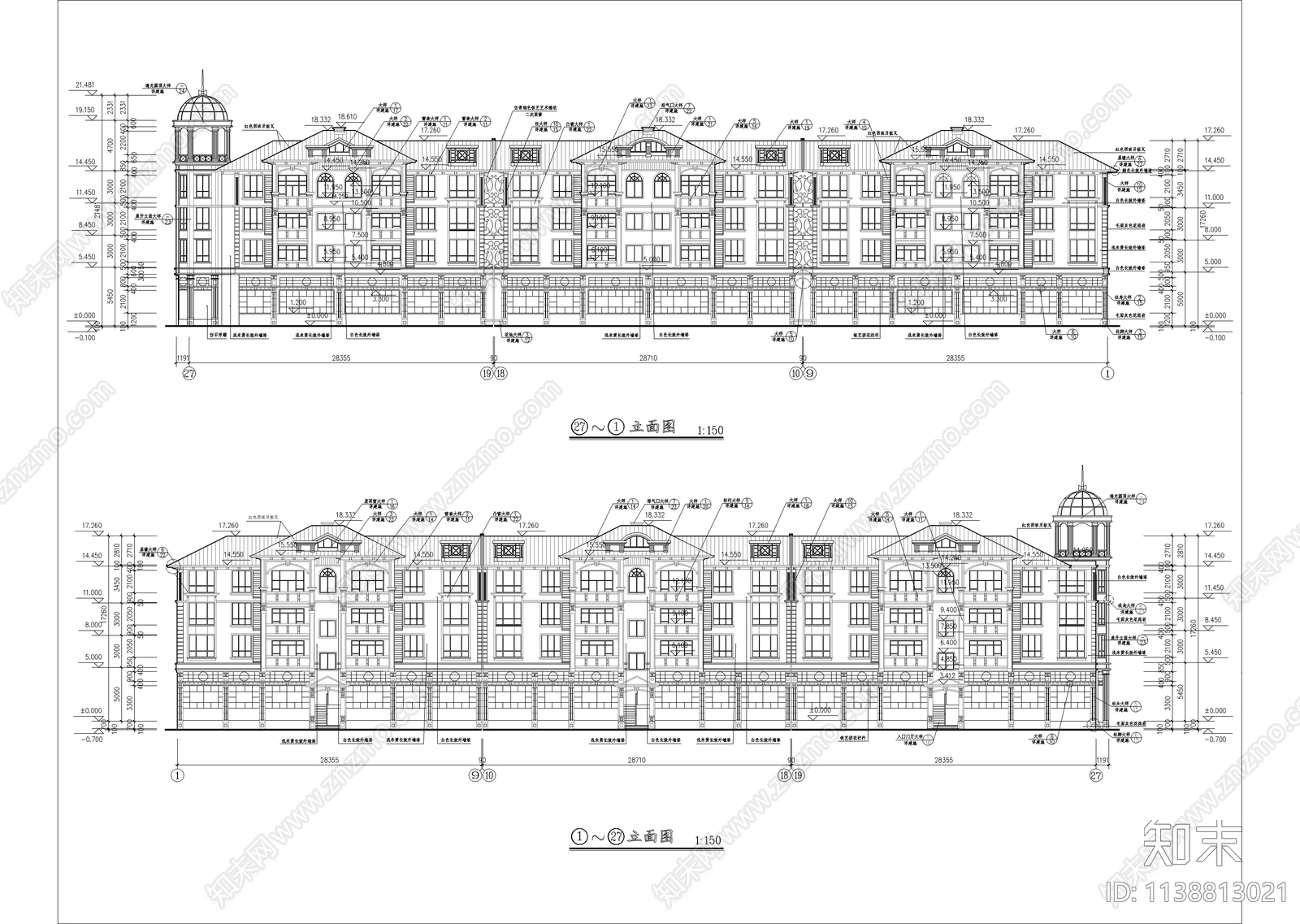 欧式坡屋顶四层住宅楼建筑cad施工图下载【ID:1138813021】