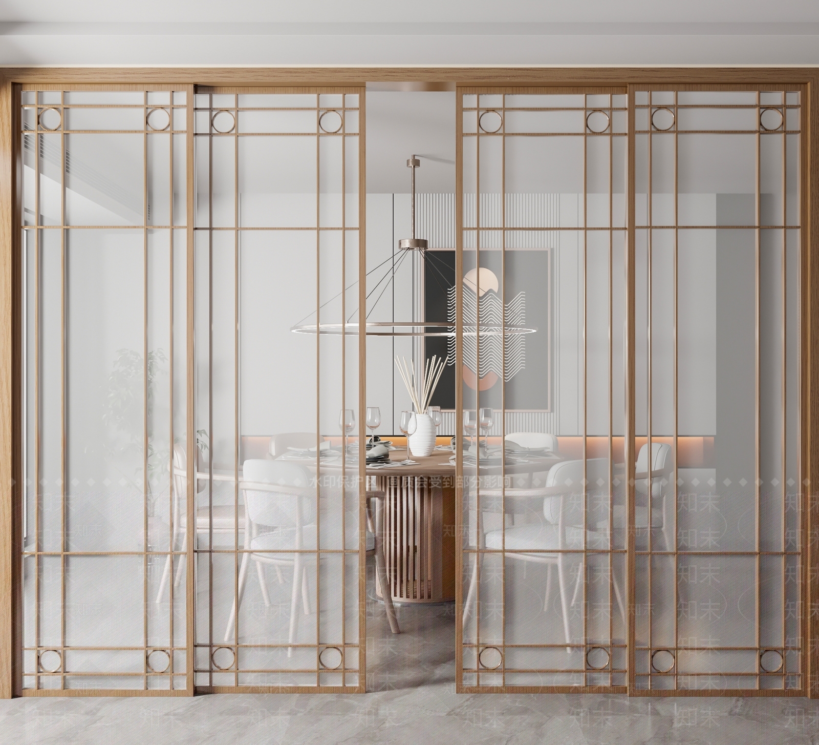 新中式磨砂玻璃推拉门SU模型下载【ID:1138819100】