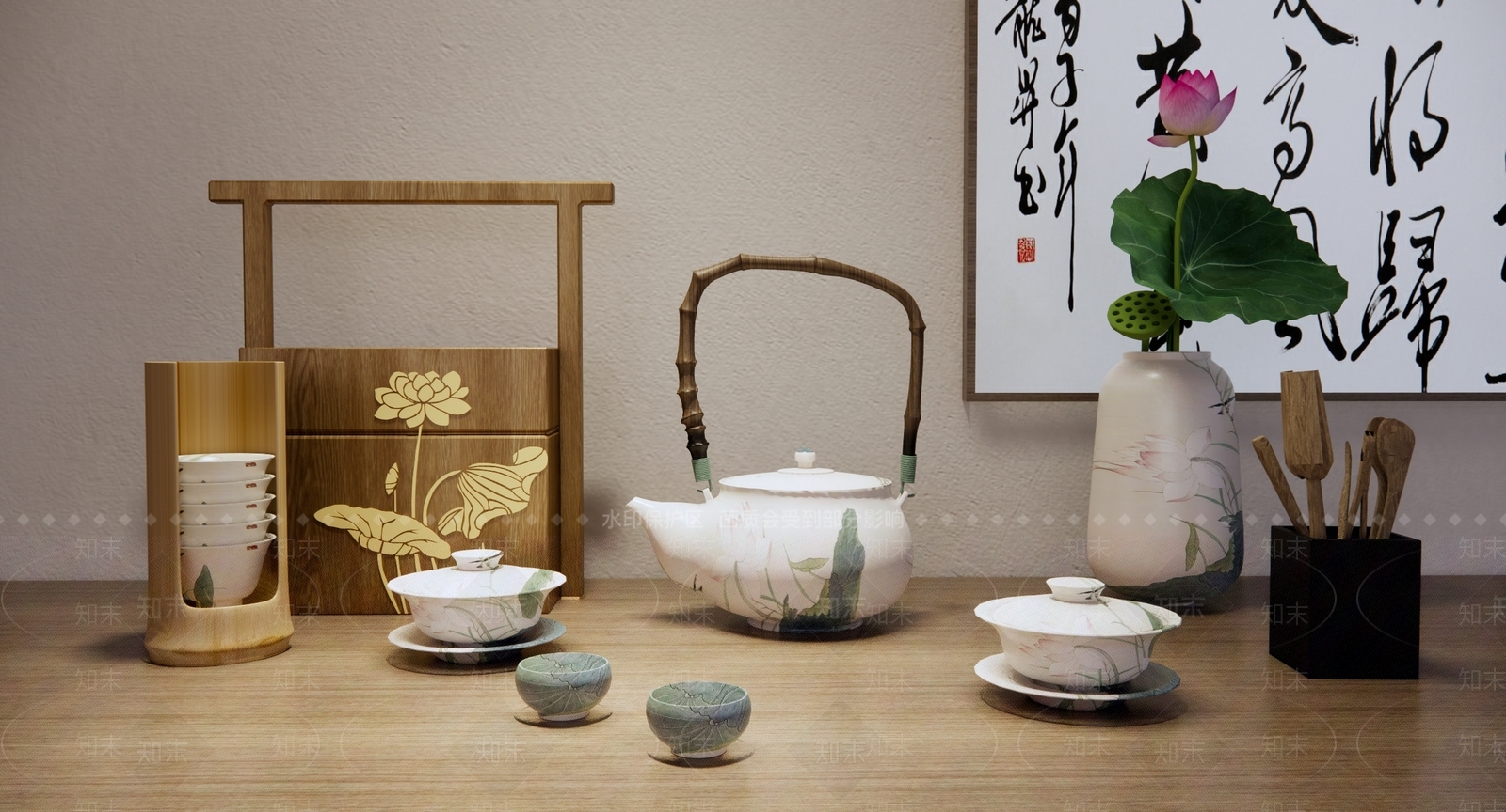 禅意茶具组合SU模型下载【ID:1138828787】