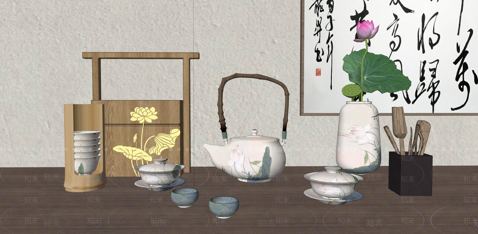 禅意茶具组合SU模型下载【ID:1138828787】
