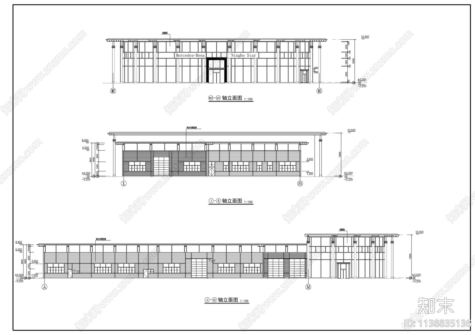 奔驰4s店建筑cad施工图下载【ID:1138835136】