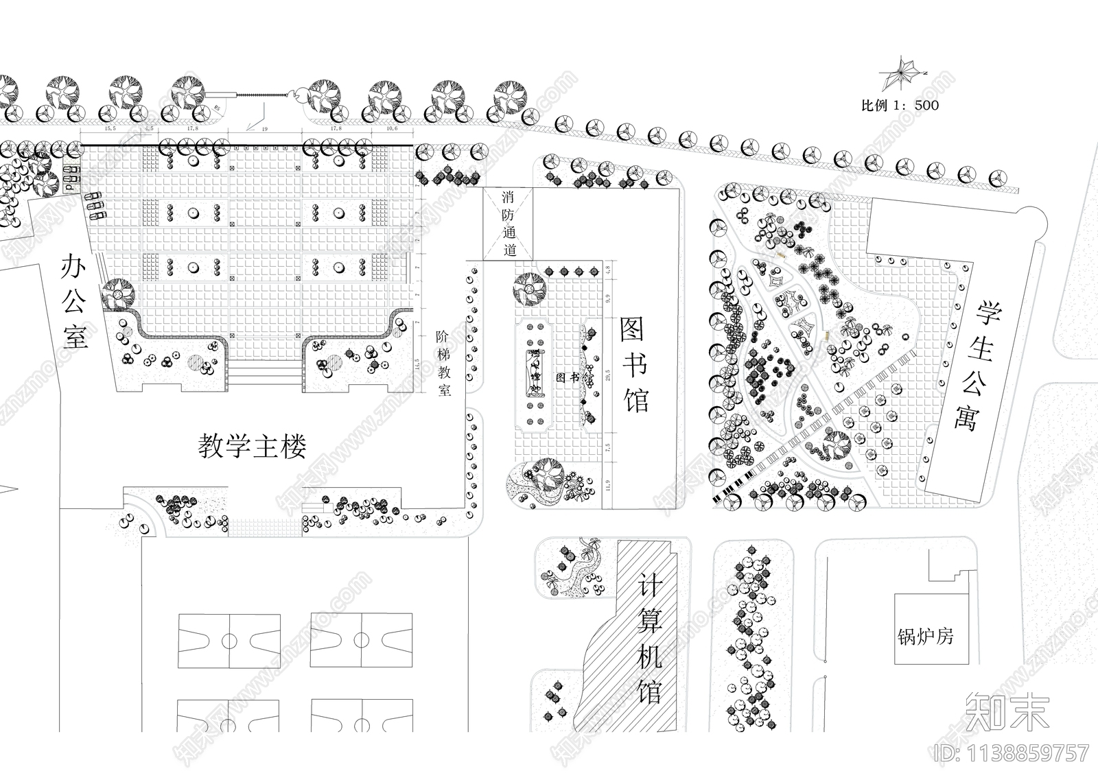 校园广场绿化景观平面图施工图下载【ID:1138859757】