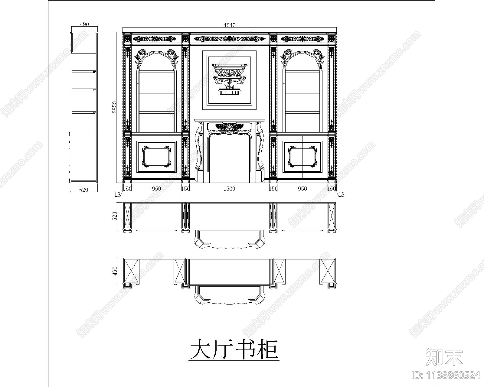 别墅豪华实木书柜cad施工图下载【ID:1138860524】