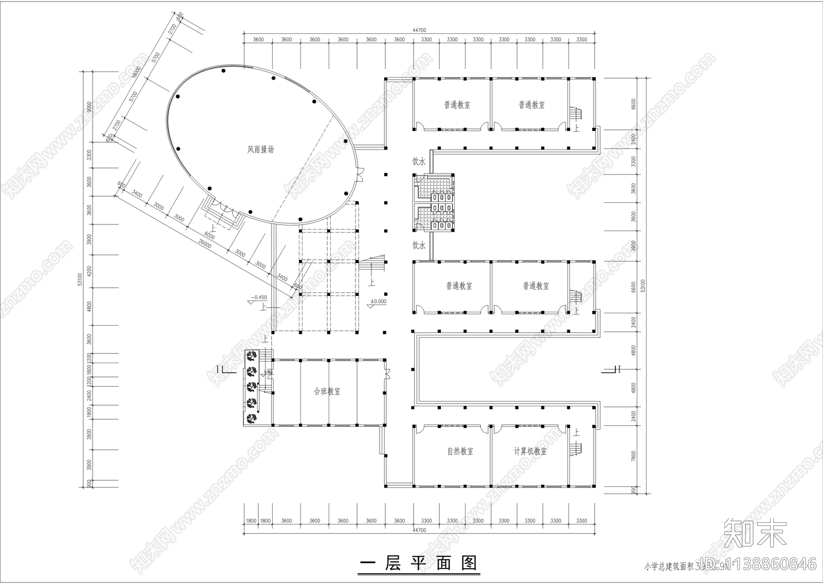 结合风雨操场的小学教学楼建筑cad施工图下载【ID:1138860846】