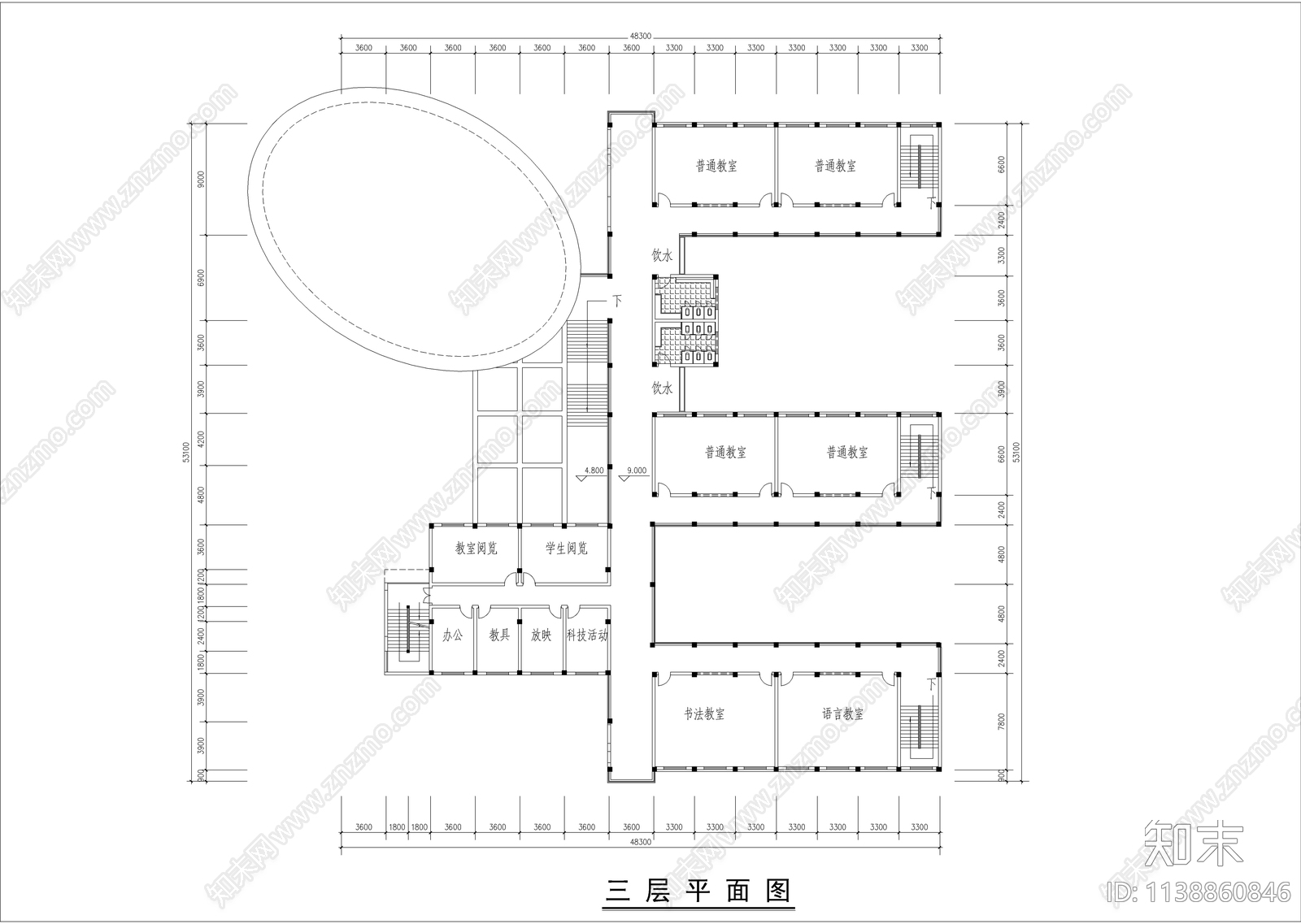 结合风雨操场的小学教学楼建筑cad施工图下载【ID:1138860846】