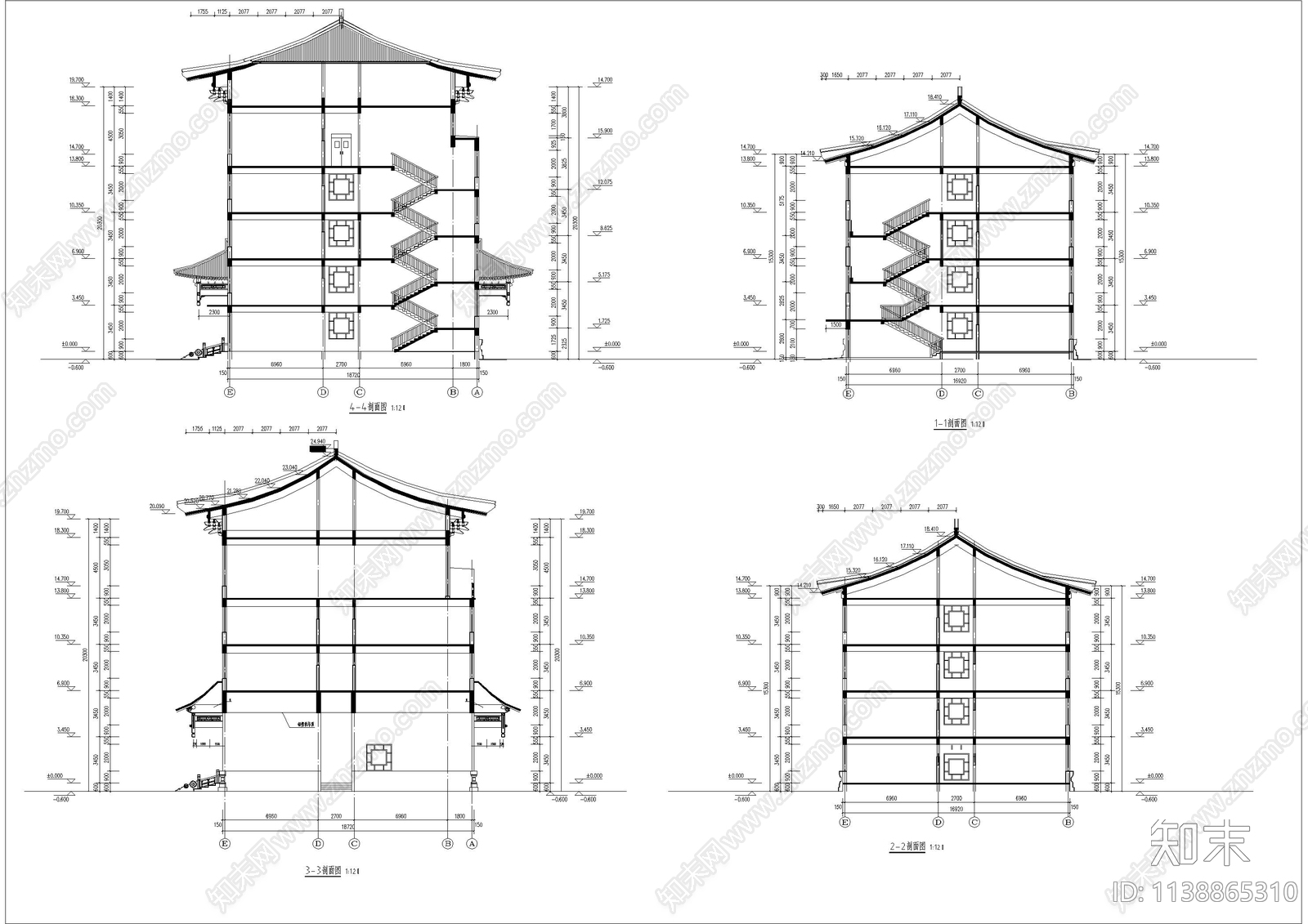 中式4层教学楼建筑cad施工图下载【ID:1138865310】